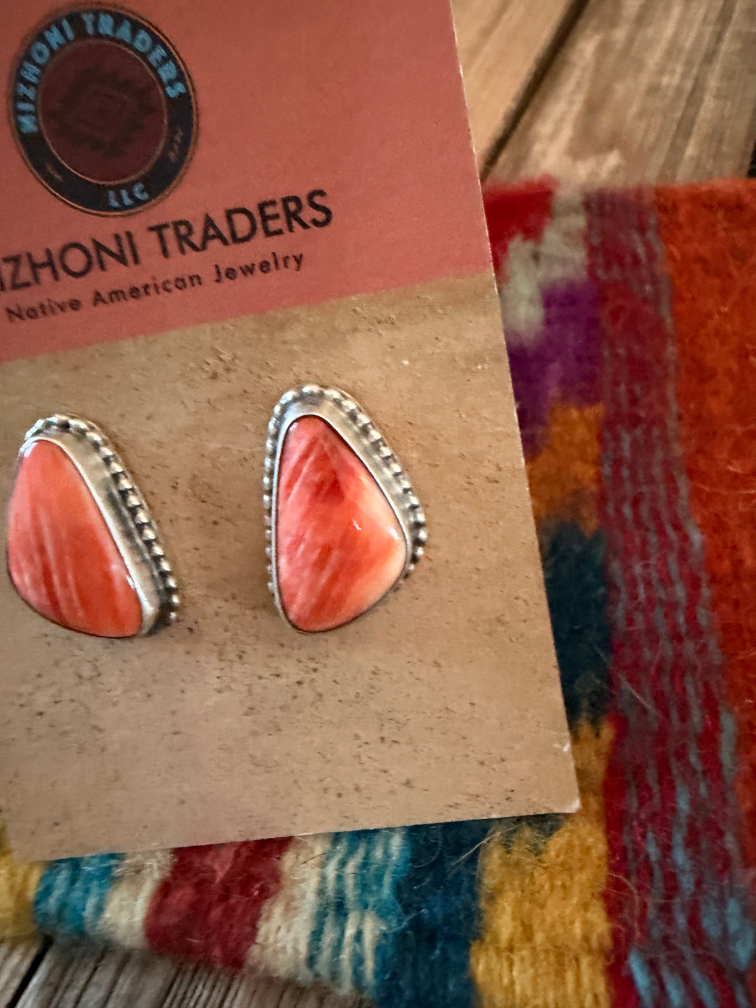 Handcrafted Orange Spiny & Sterling Silver Post Earrings