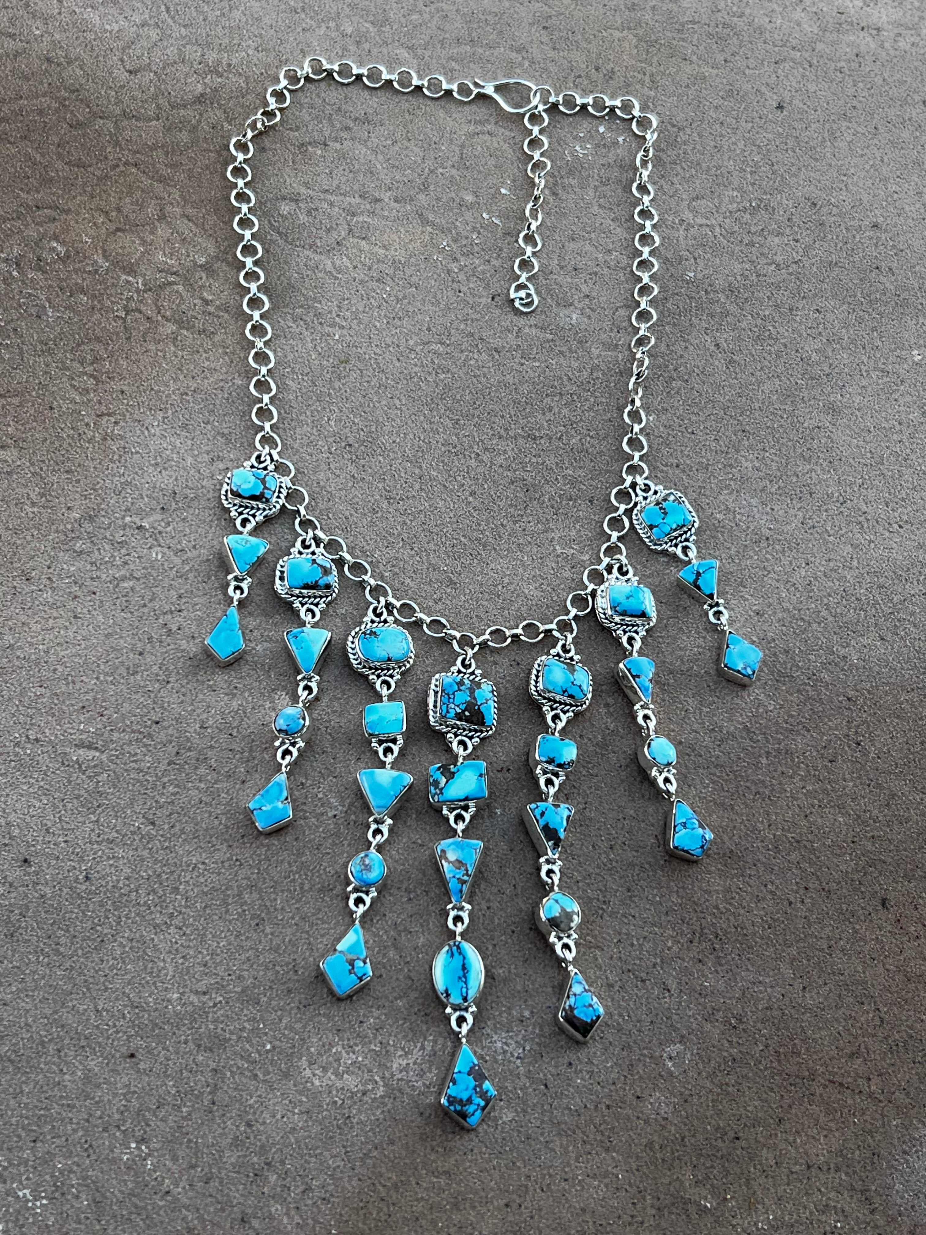 Handmade Golden Hills Turquoise & Sterling Silver Chandelier Necklace