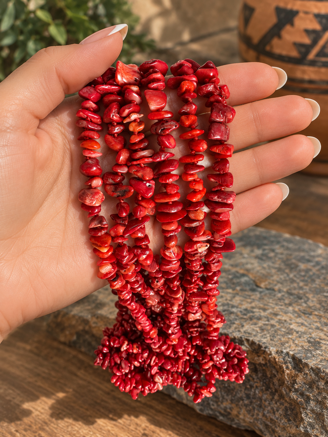 Multi-Strand Red Coral Chip Necklace