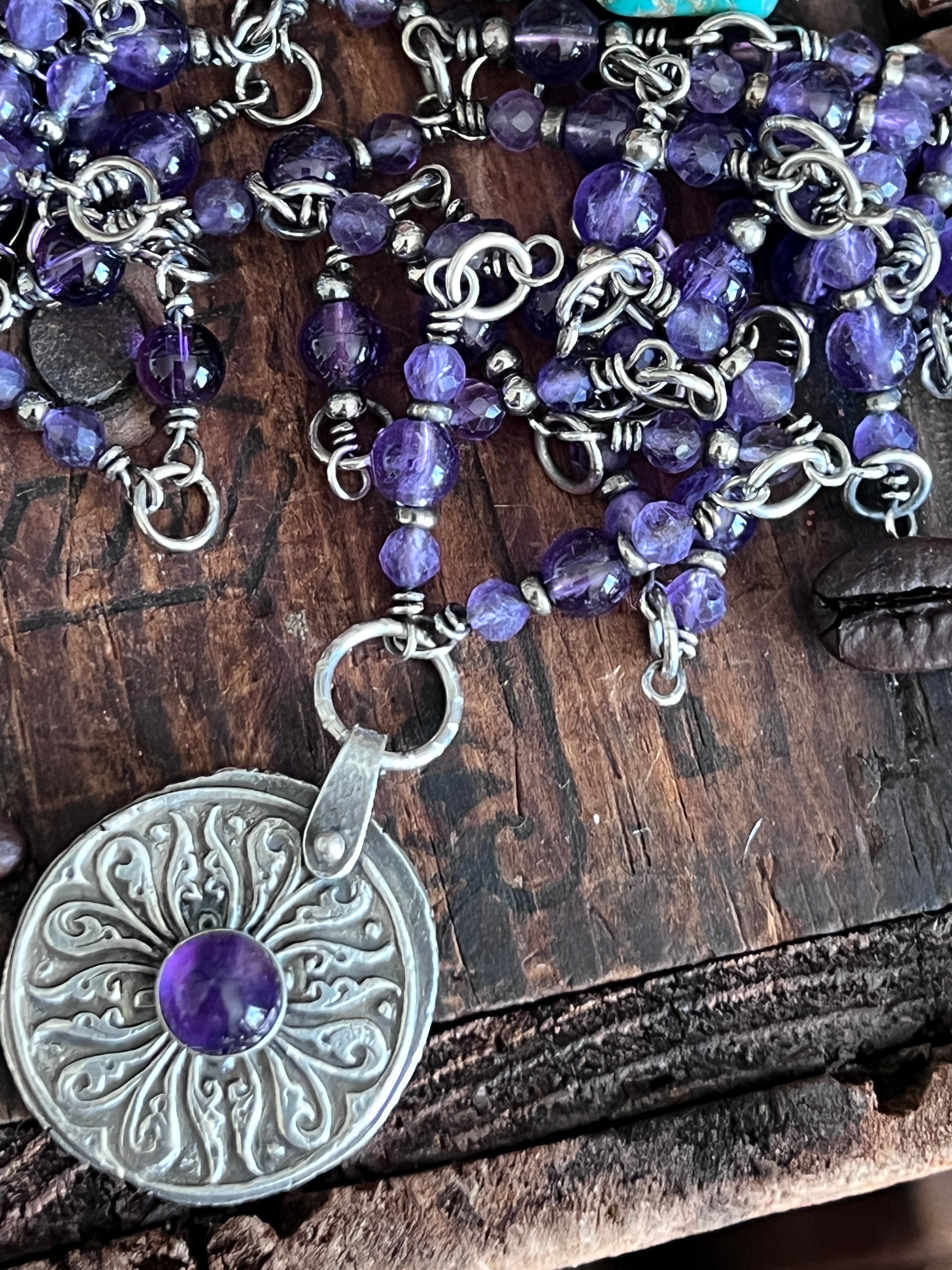 Tularosa Rosary Style Sterling Silver and Amethyst Relic Coin Necklace
