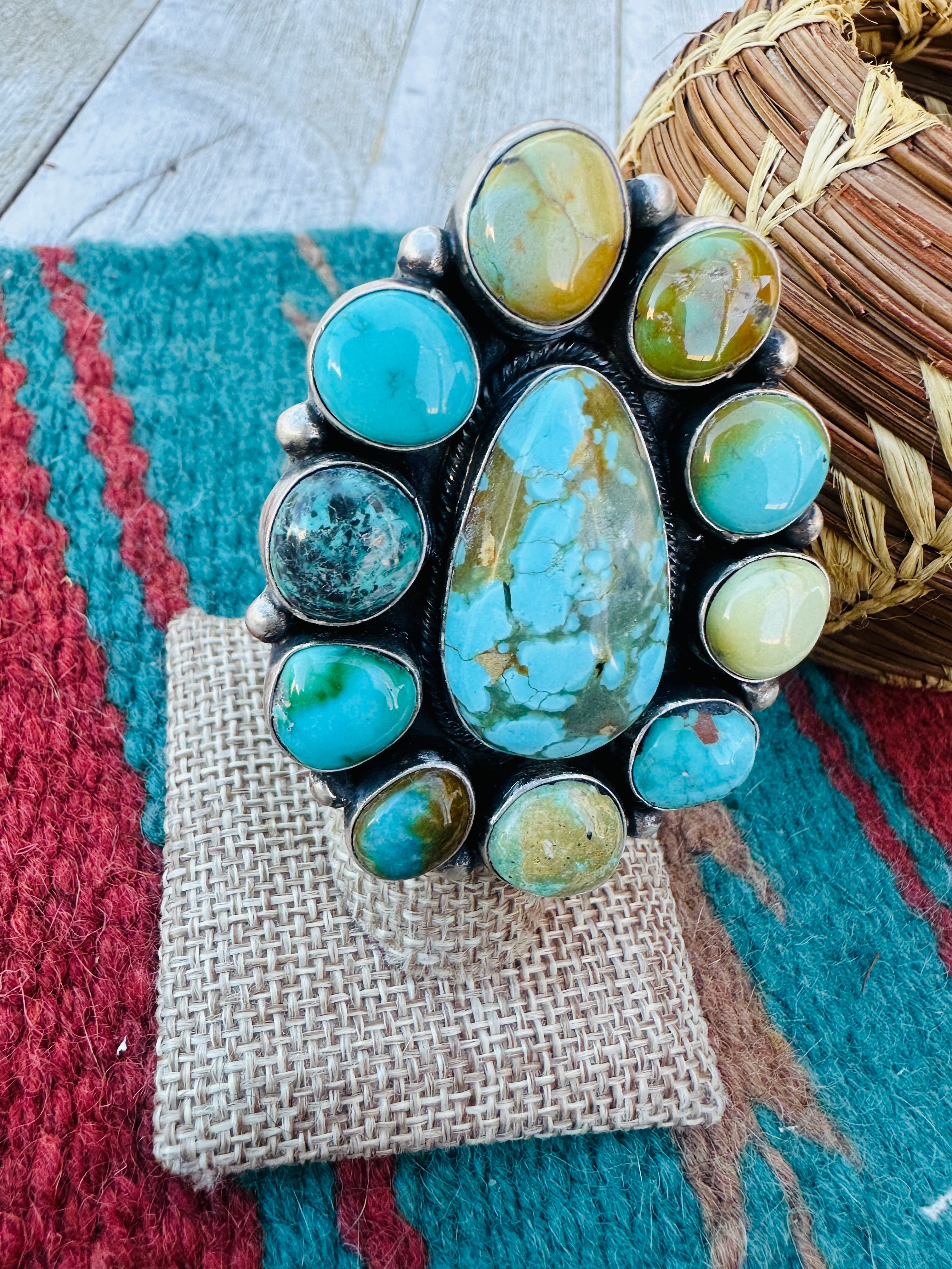 Hand Crafted Turquoise & Sterling Silver Cluster Ring Size 6.5 by Ella Peter