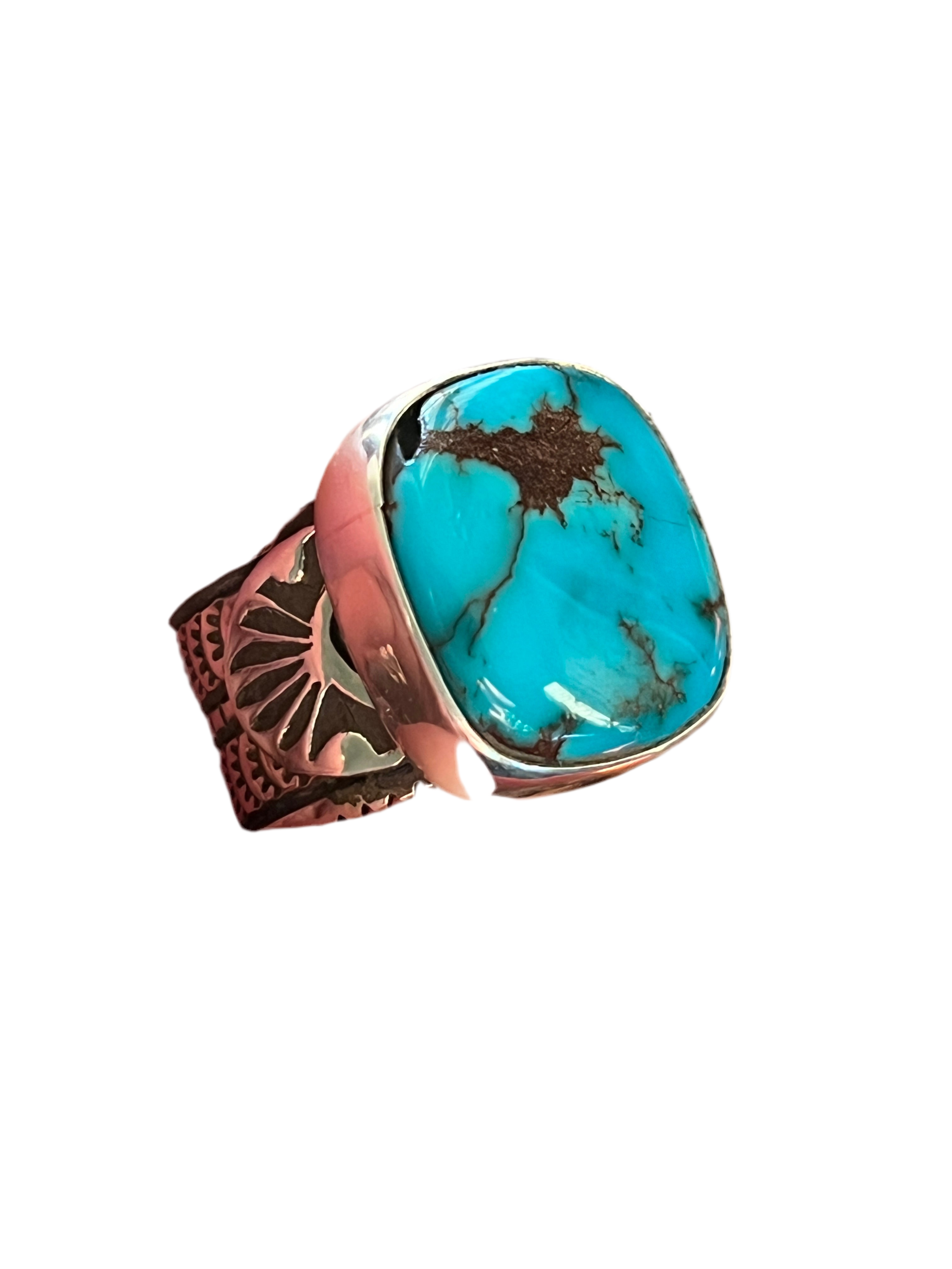Handcrafted Sterling Silver Wide Shank Ring with Egyptian Turquoise by Shaun Rogers, Size 8.25