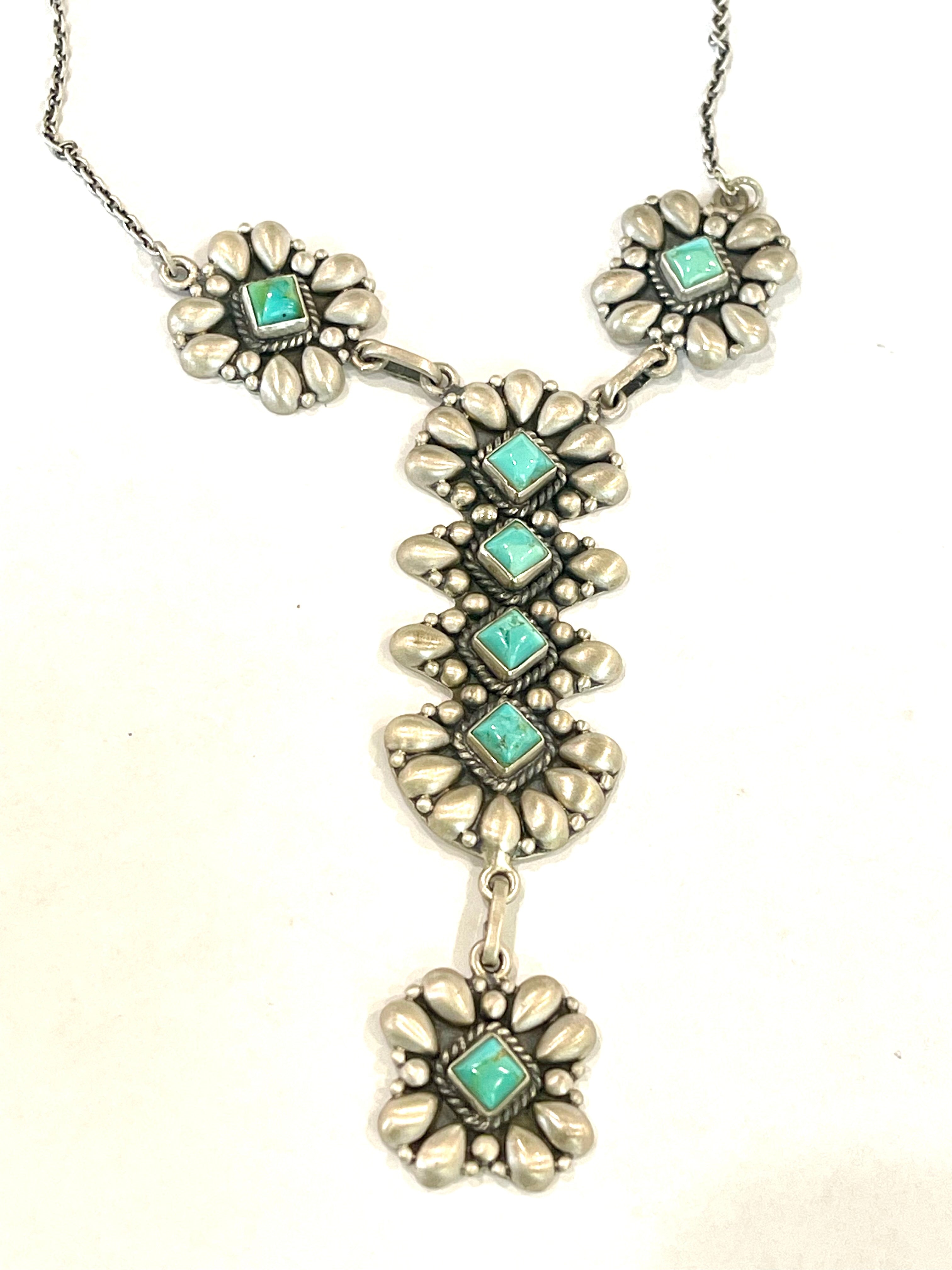Handmade Turquoise & Sterling Silver Lariat Necklace Signed Nizhoni