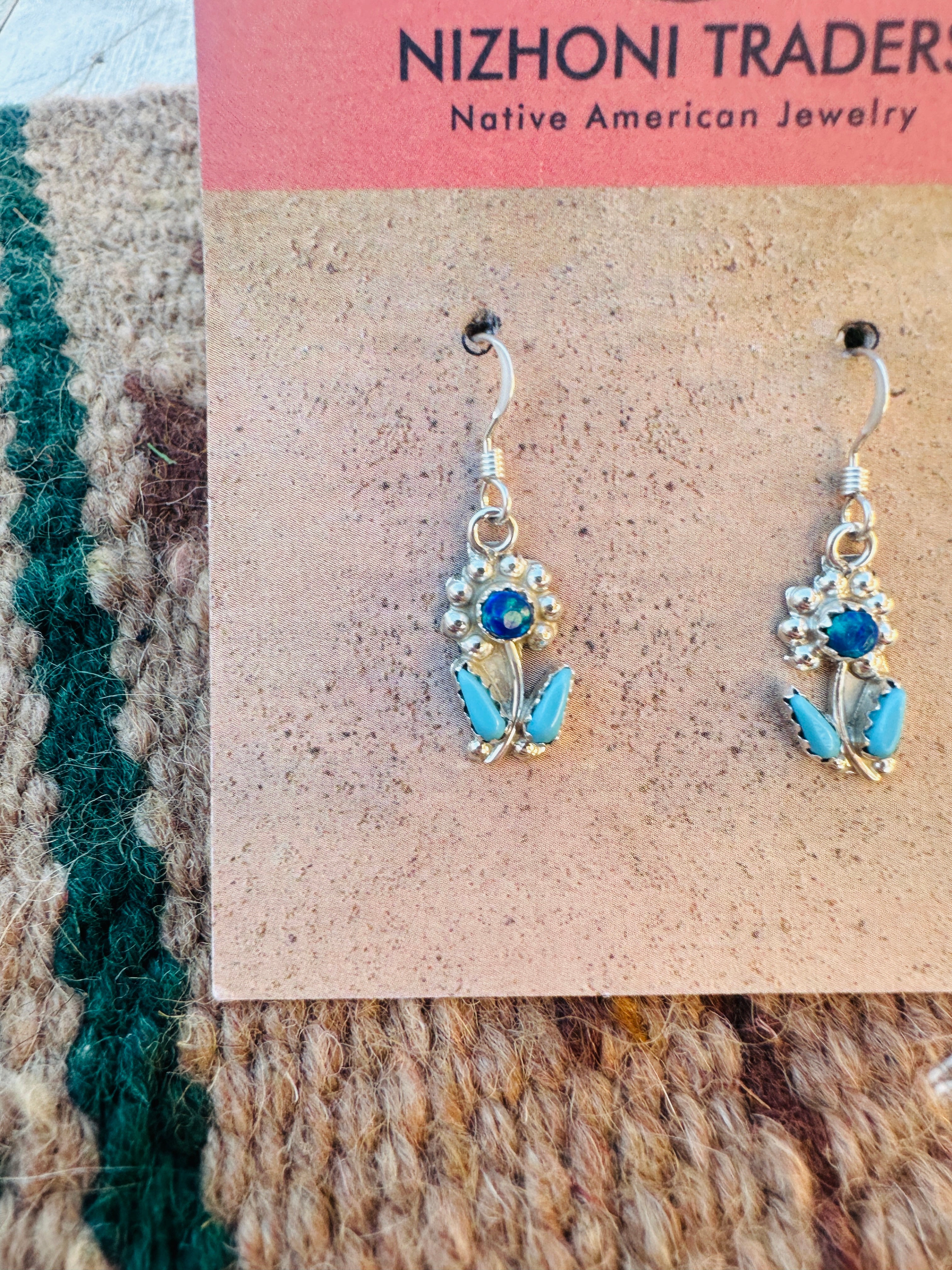 Handcrafted Turquoise, Dark Blue Opal & Sterling Silver Flower Dangle Earrings