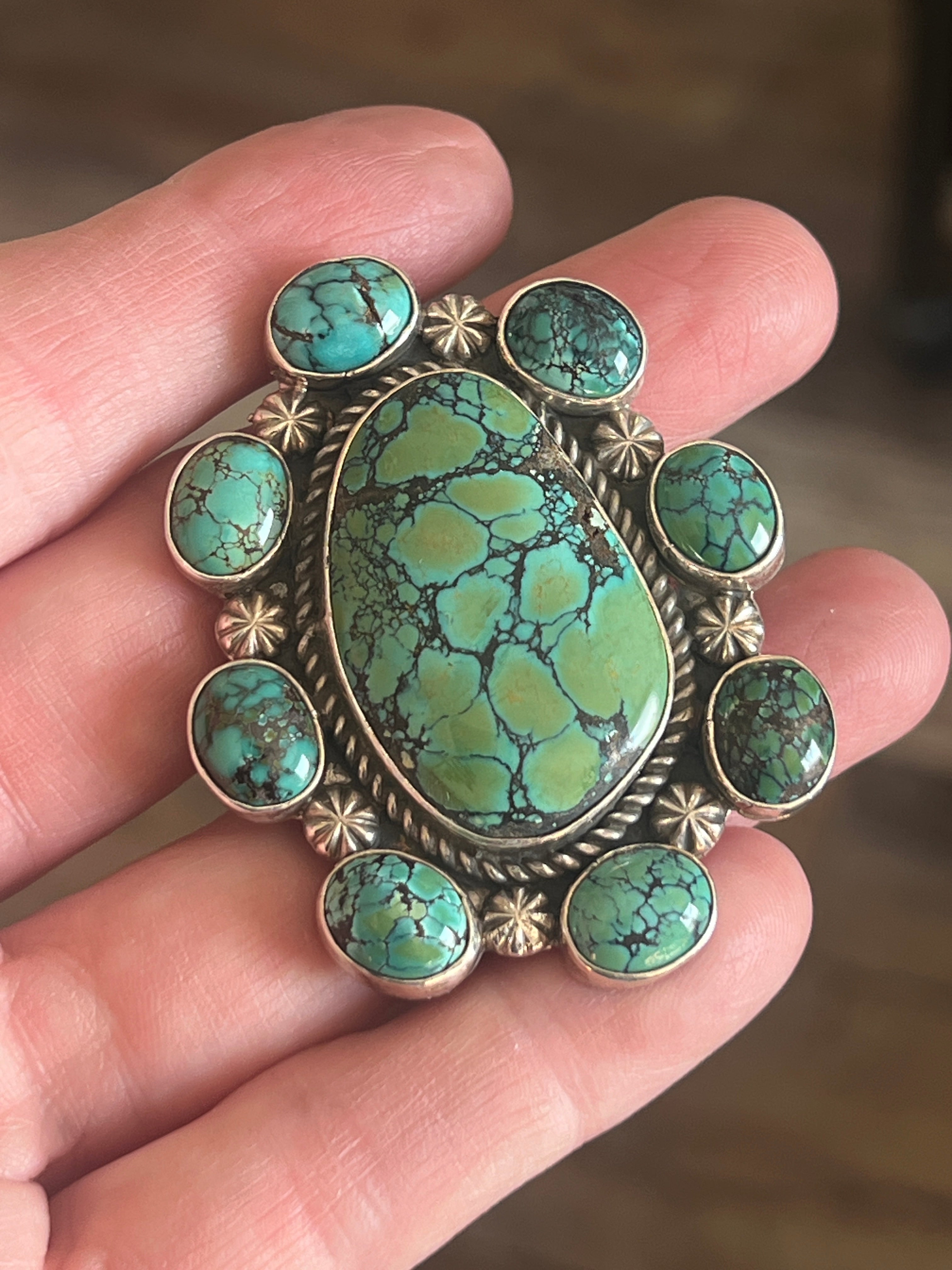 Handcrafted Sterling Silver and Hubei Turquoise Cluster Ring by Rosella Paxson, Size 8.5