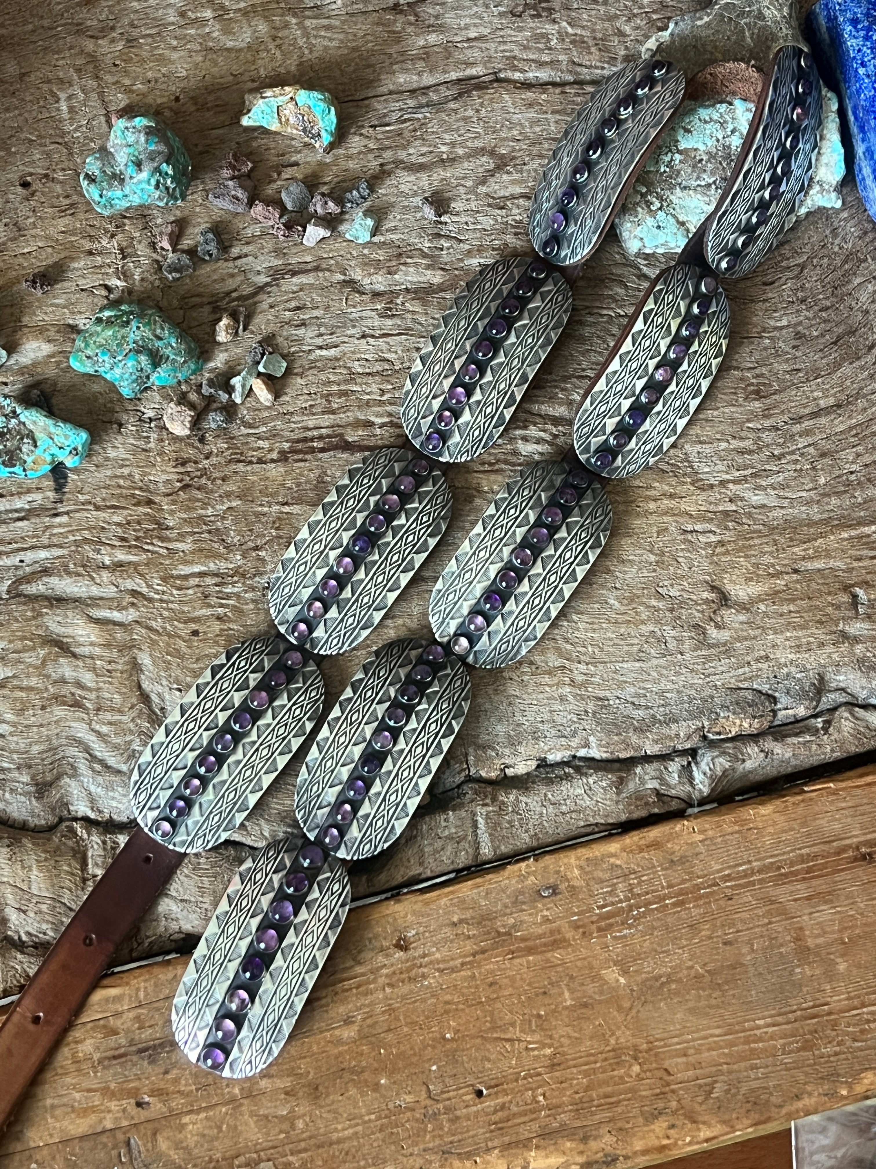 Stunning Old Pawn Handcrafted Sterling Silver and Amethyst Concho Belt by Seth Brown, Taos