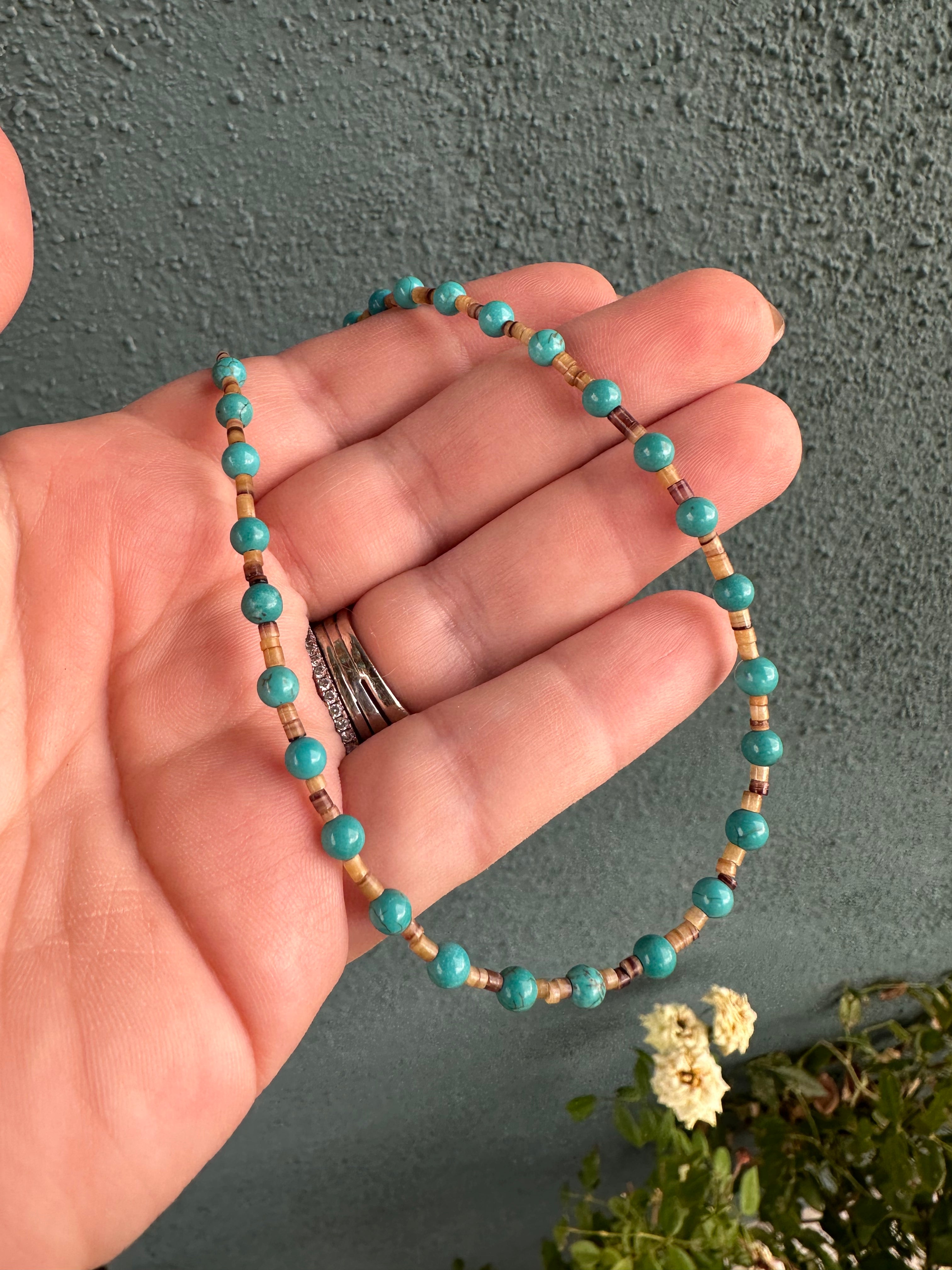 Handcrafted Turquoise And Heishi Beaded Necklace 16”