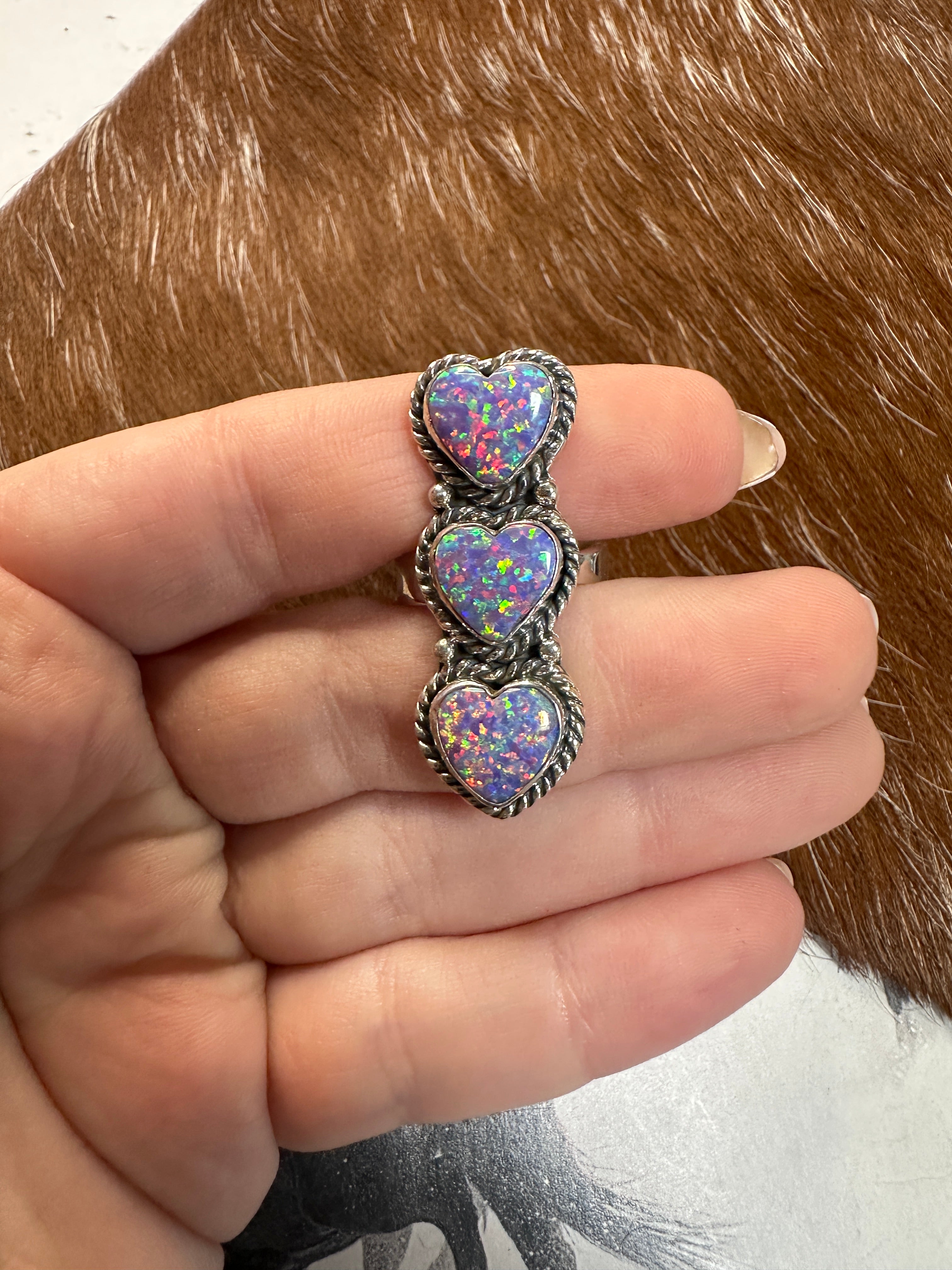 Beautiful Handmade Fire Opal And Sterling Silver Adjustable 3 Stone HEART Ring