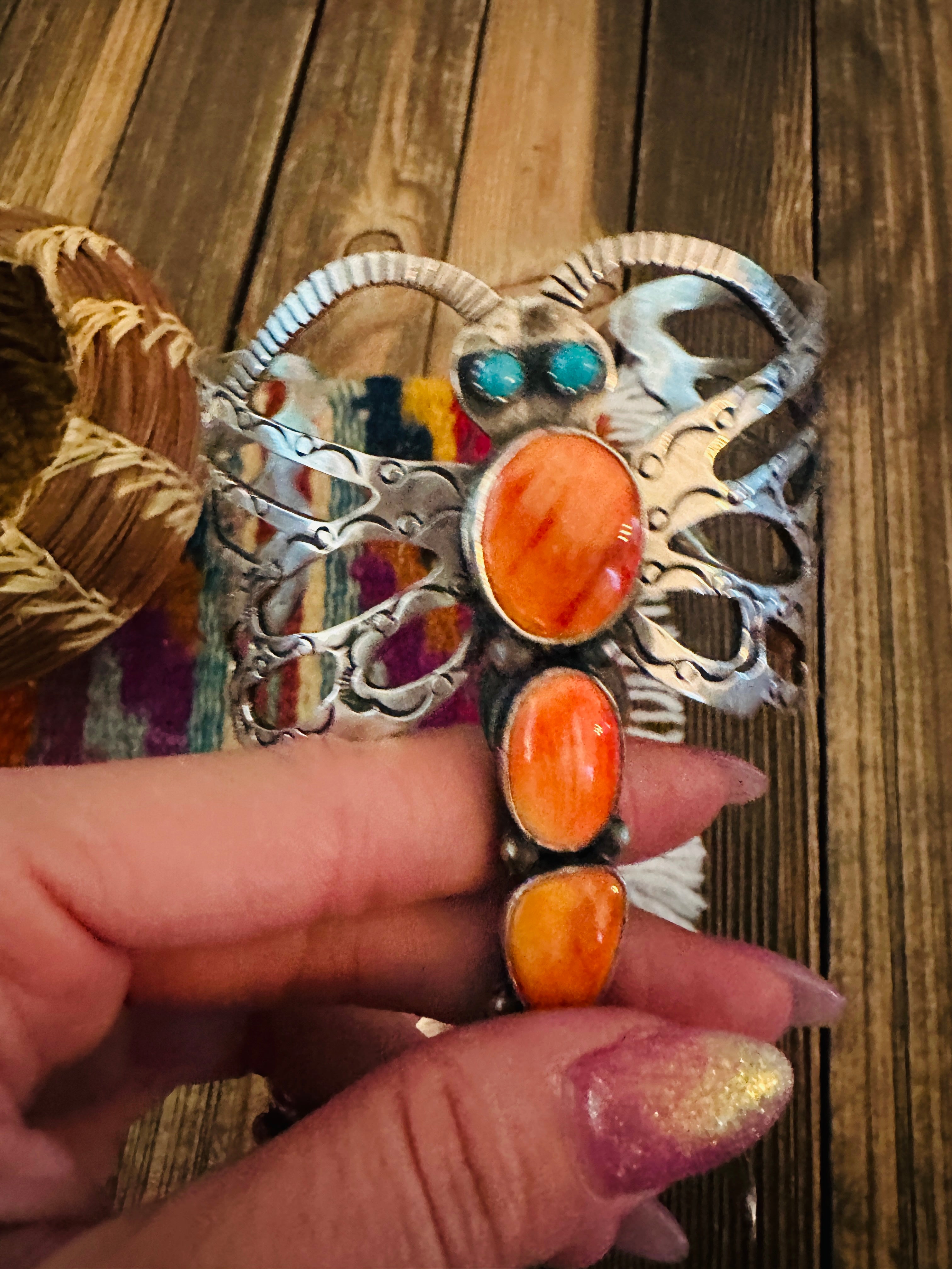 Handcrafted Sterling Silver, Spiny Oyster & Turquoise Dragonfly Cuff Bracelet by Russell Sam