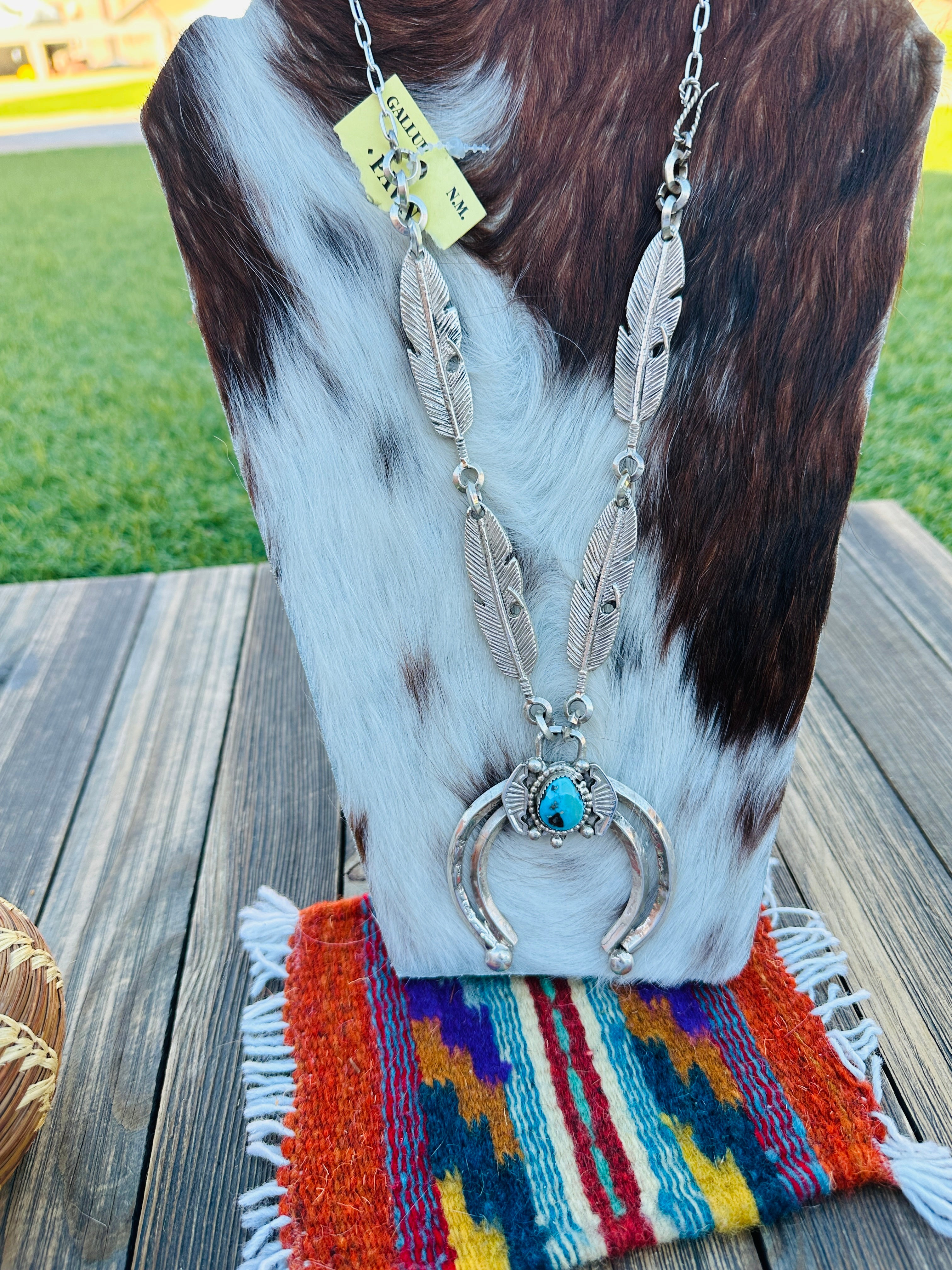 Old Pawn Handcrafted Turquoise & Sterling Silver Feather Naja Necklace