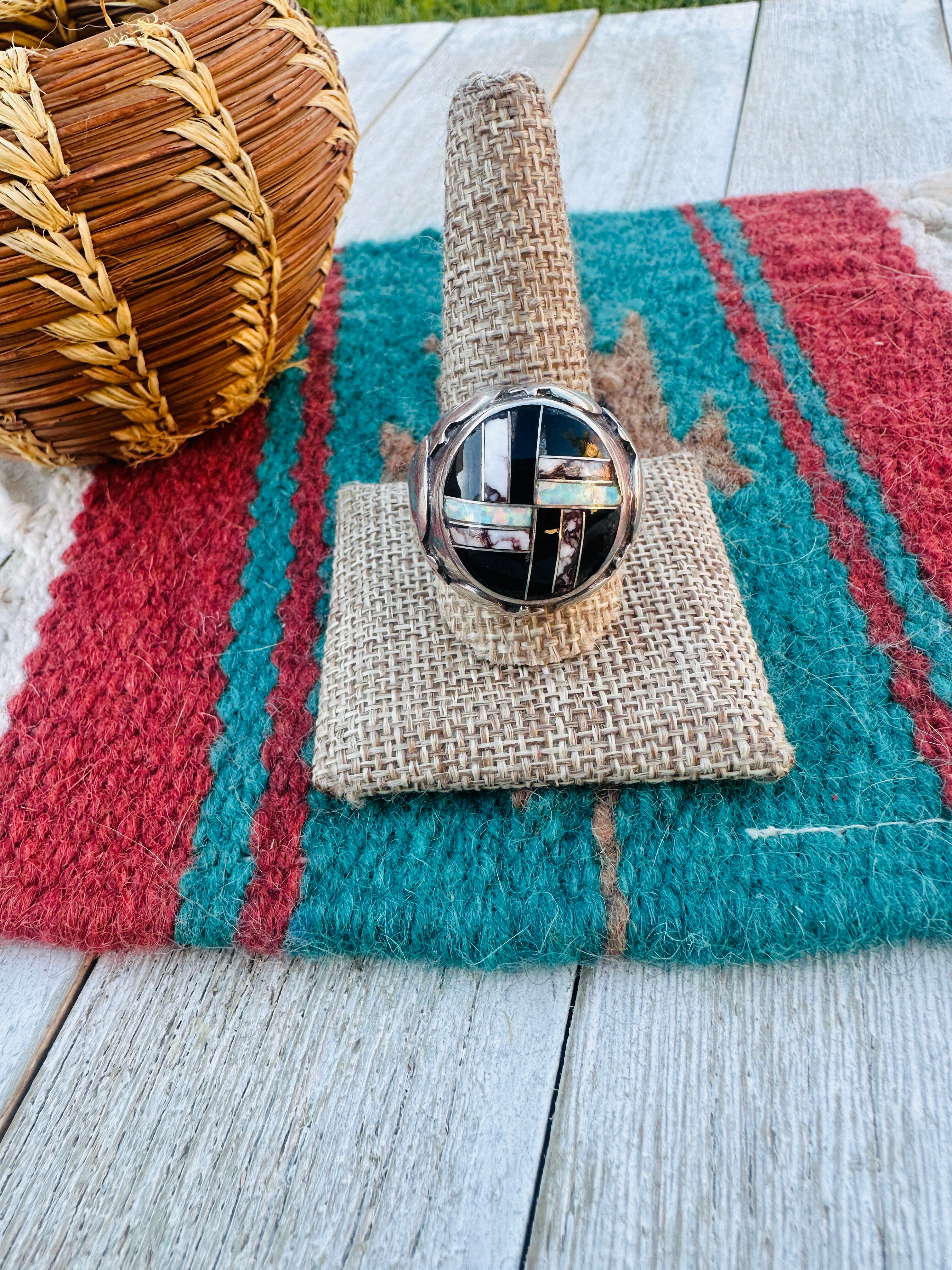 Old Pawn Handcrafted Multi Stone & Sterling Silver Inlay Ring Size 11.75