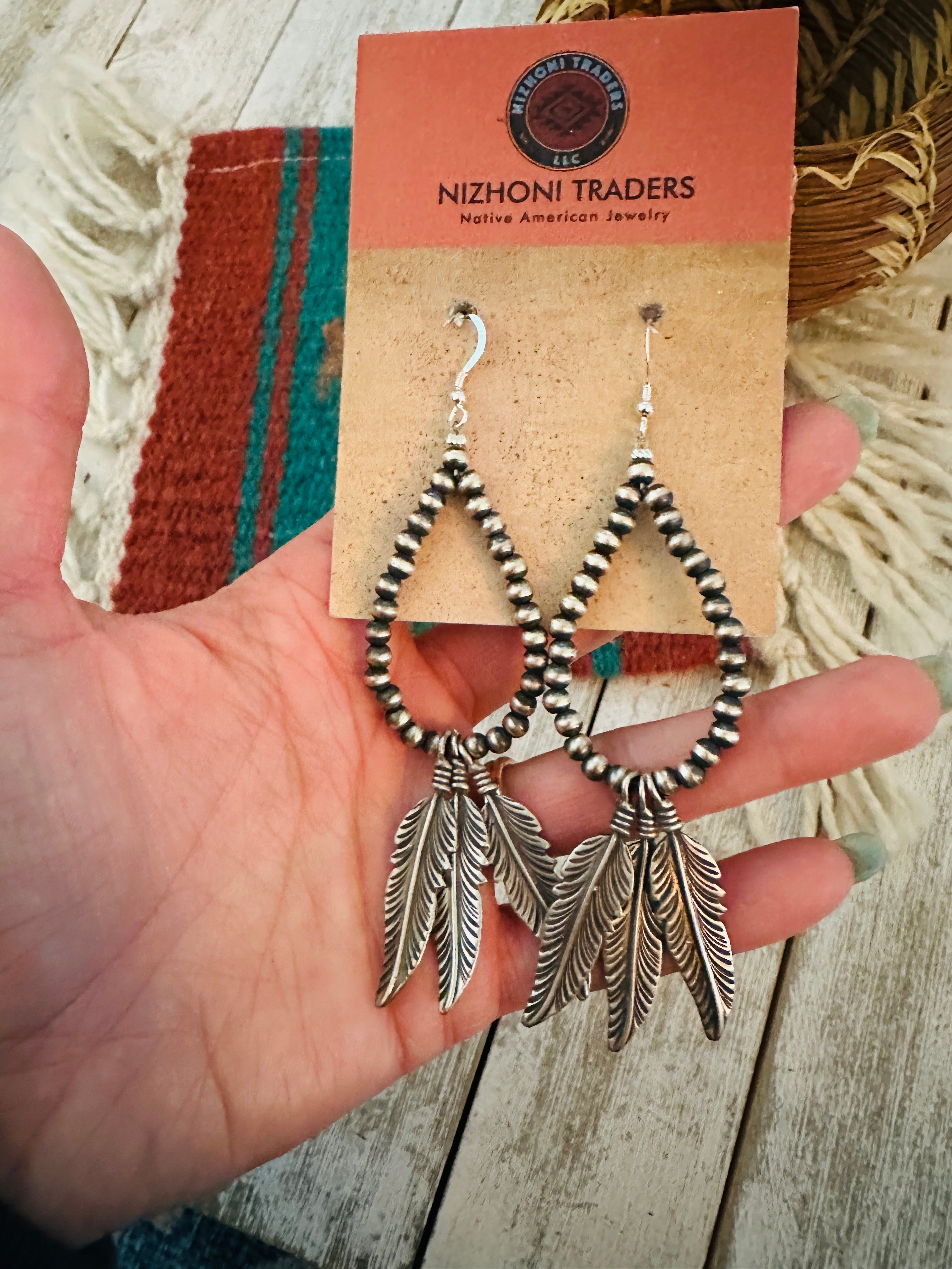 Handcrafted Sterling Silver Pearl Feather Beaded Hoop Earrings