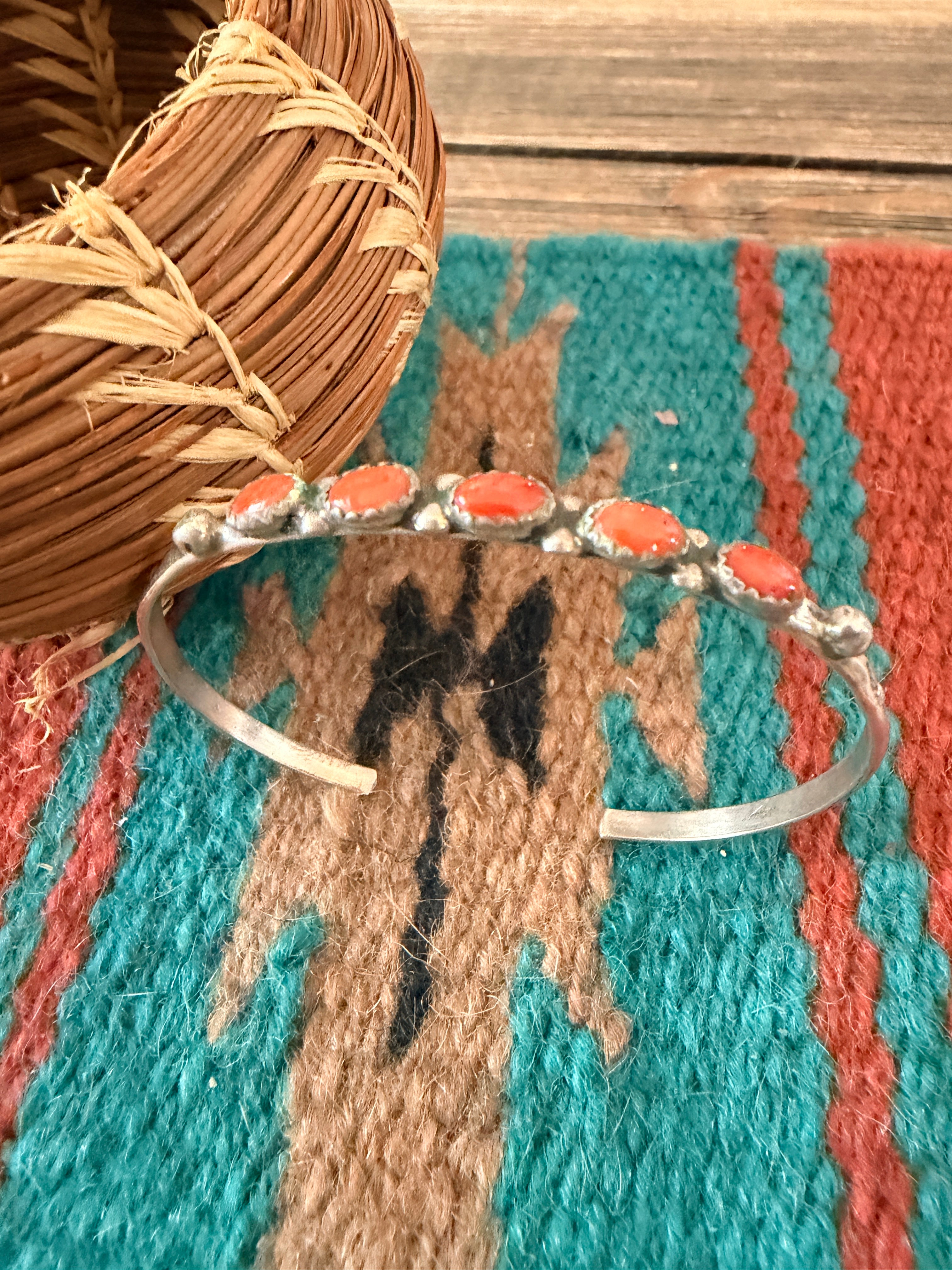 Handcrafted Old Pawn Sterling Silver & Coral Cuff Bracelet