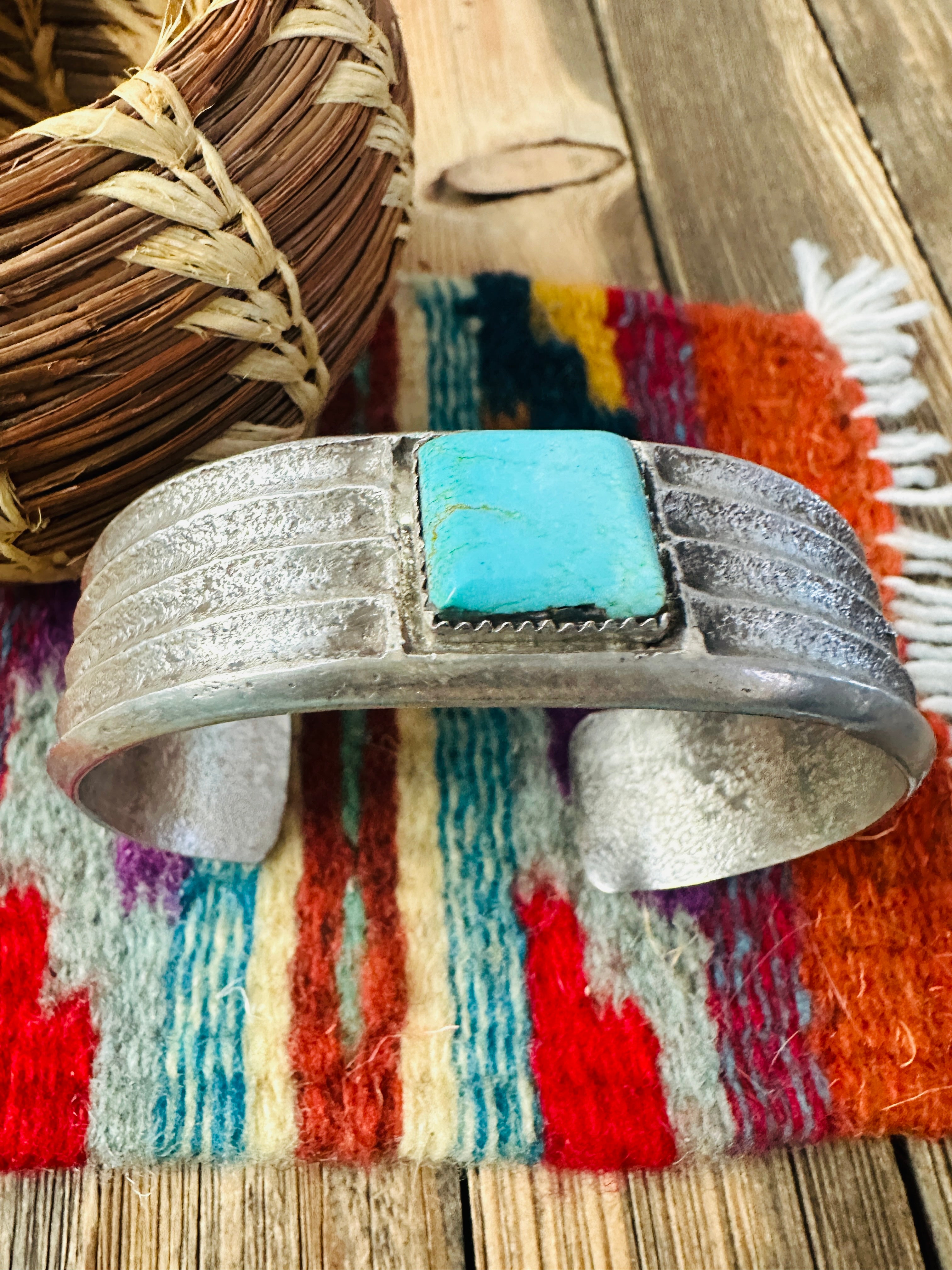 Handcrafted Old Pawn Turquoise & Sterling Silver Cuff Bracelet by Raymond Betsoi