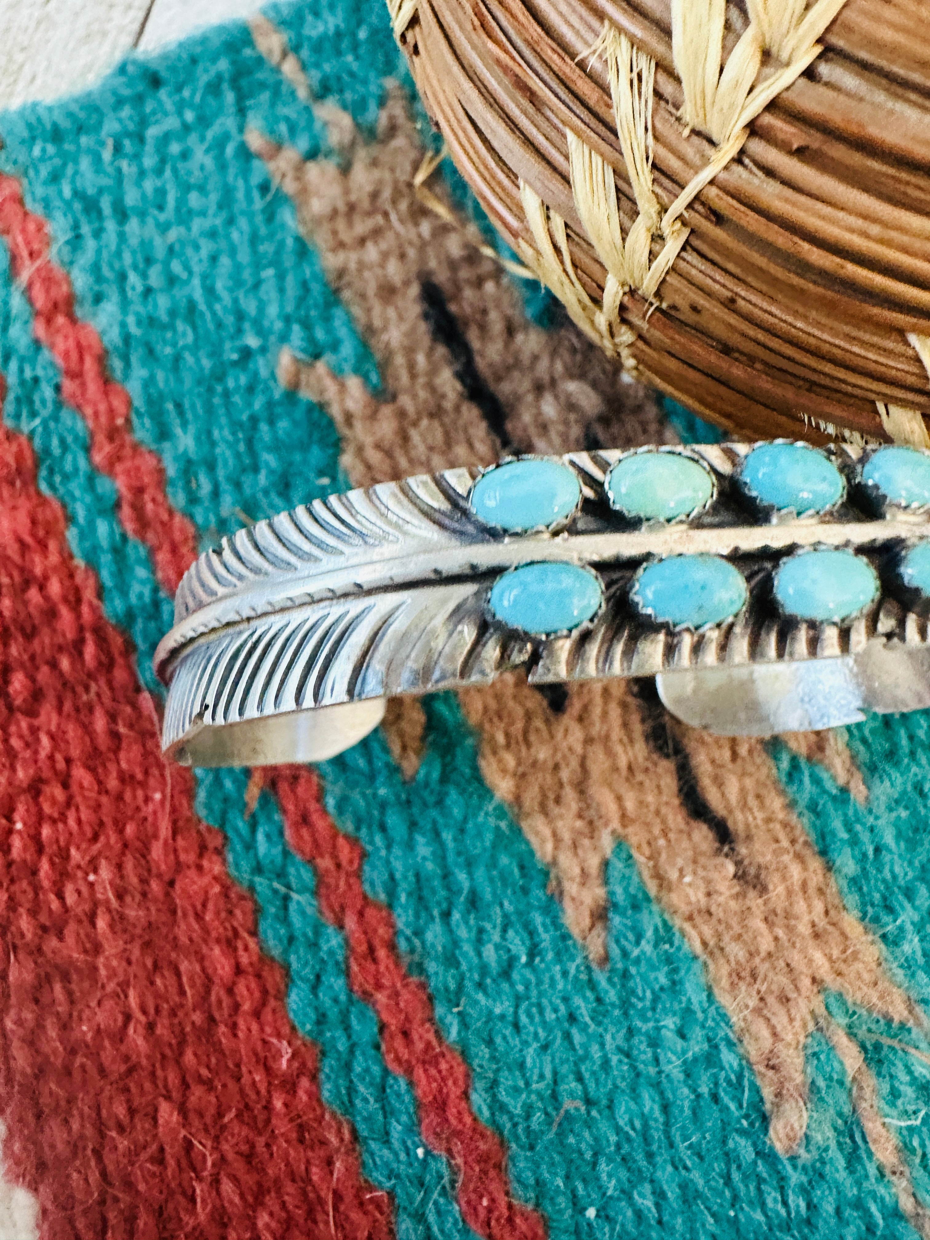 Handcrafted Turquoise & Sterling Silver Feather Cuff Bracelet /