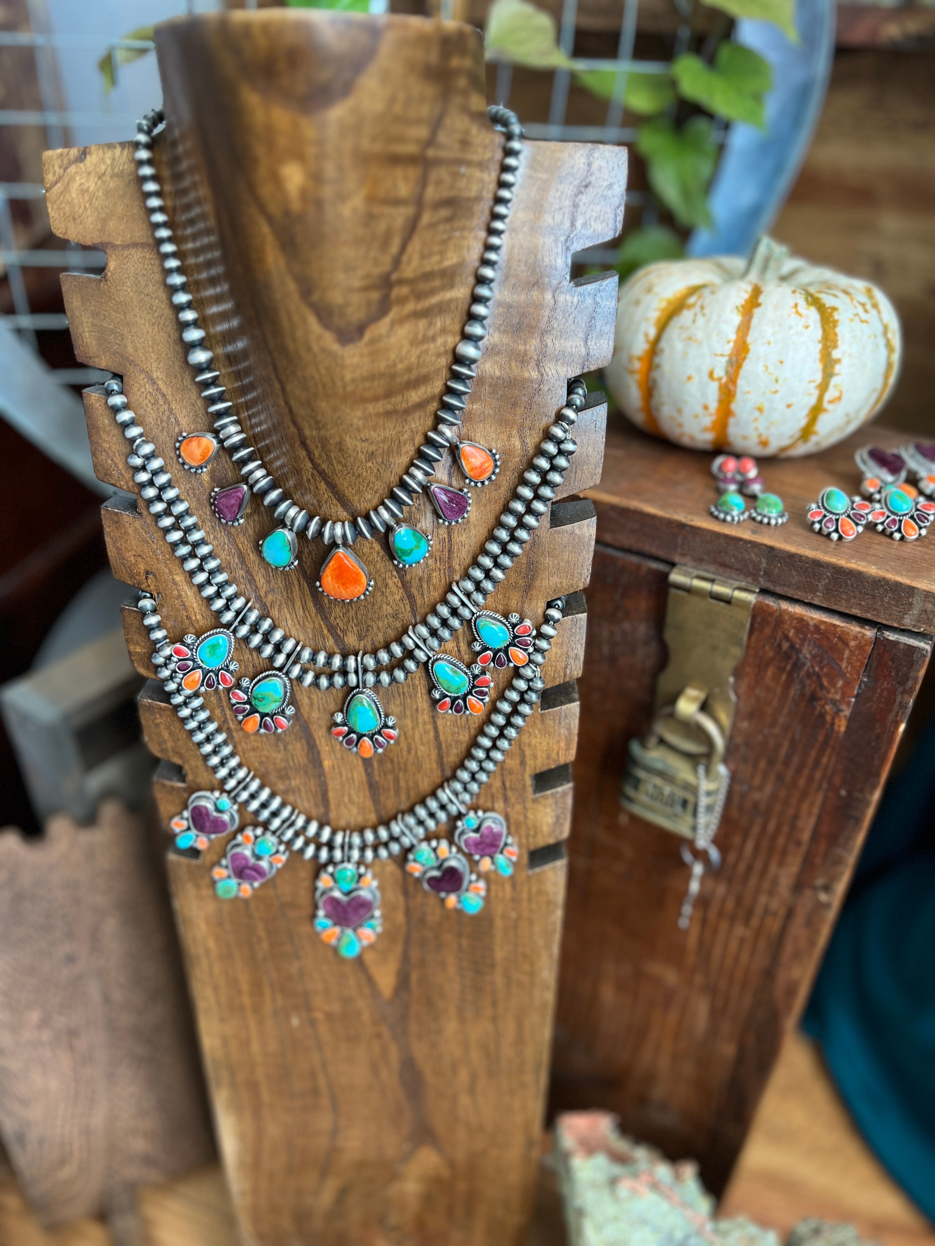 Handcrafted Sterling Silver Electric Rainbow Beaded Heart Cluster Necklace & Earrings Set by Angela Martin