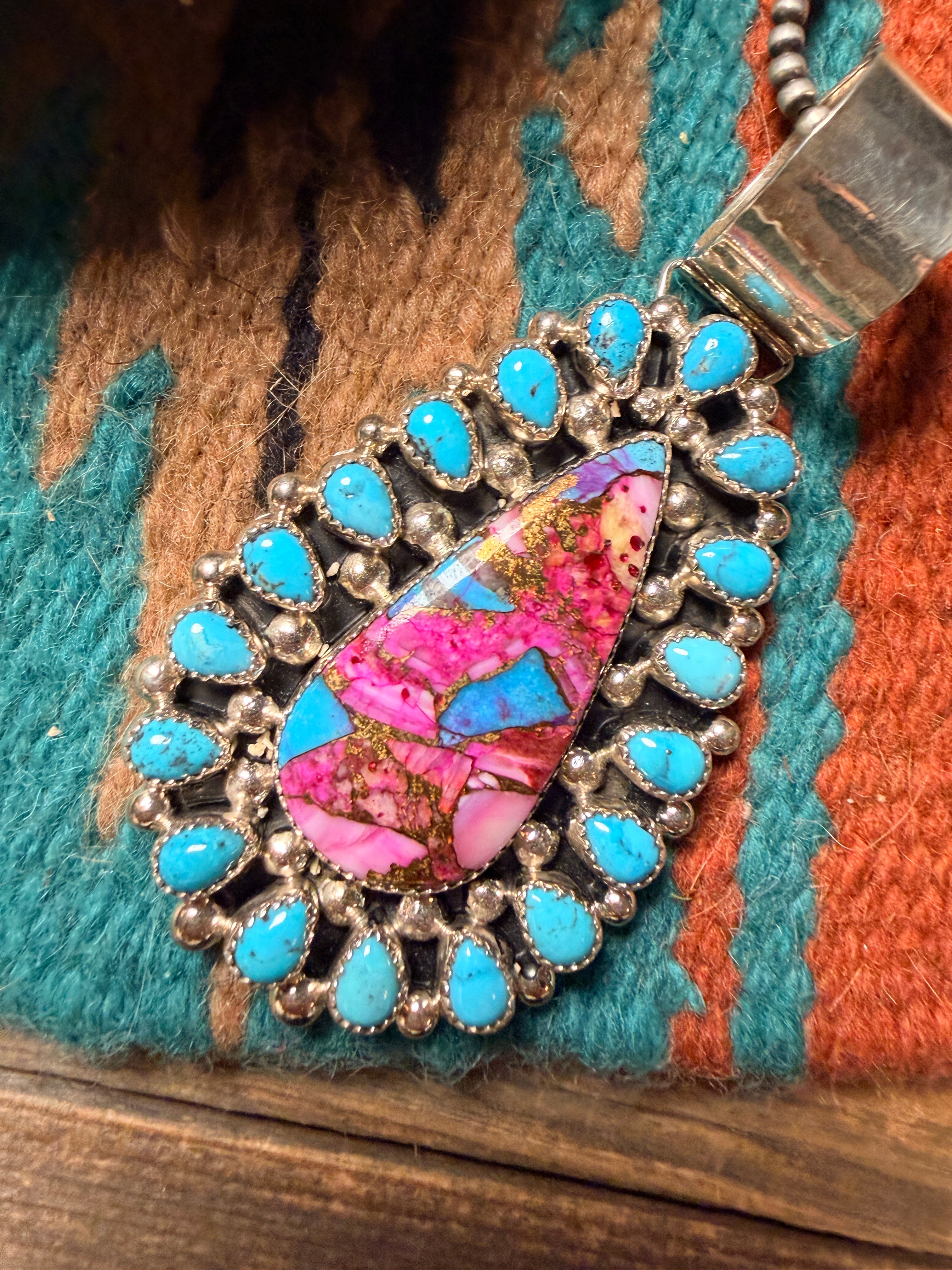 Handcrafted Sterling Silver, Pink Dream Mojave & Turquoise Cluster Pendant