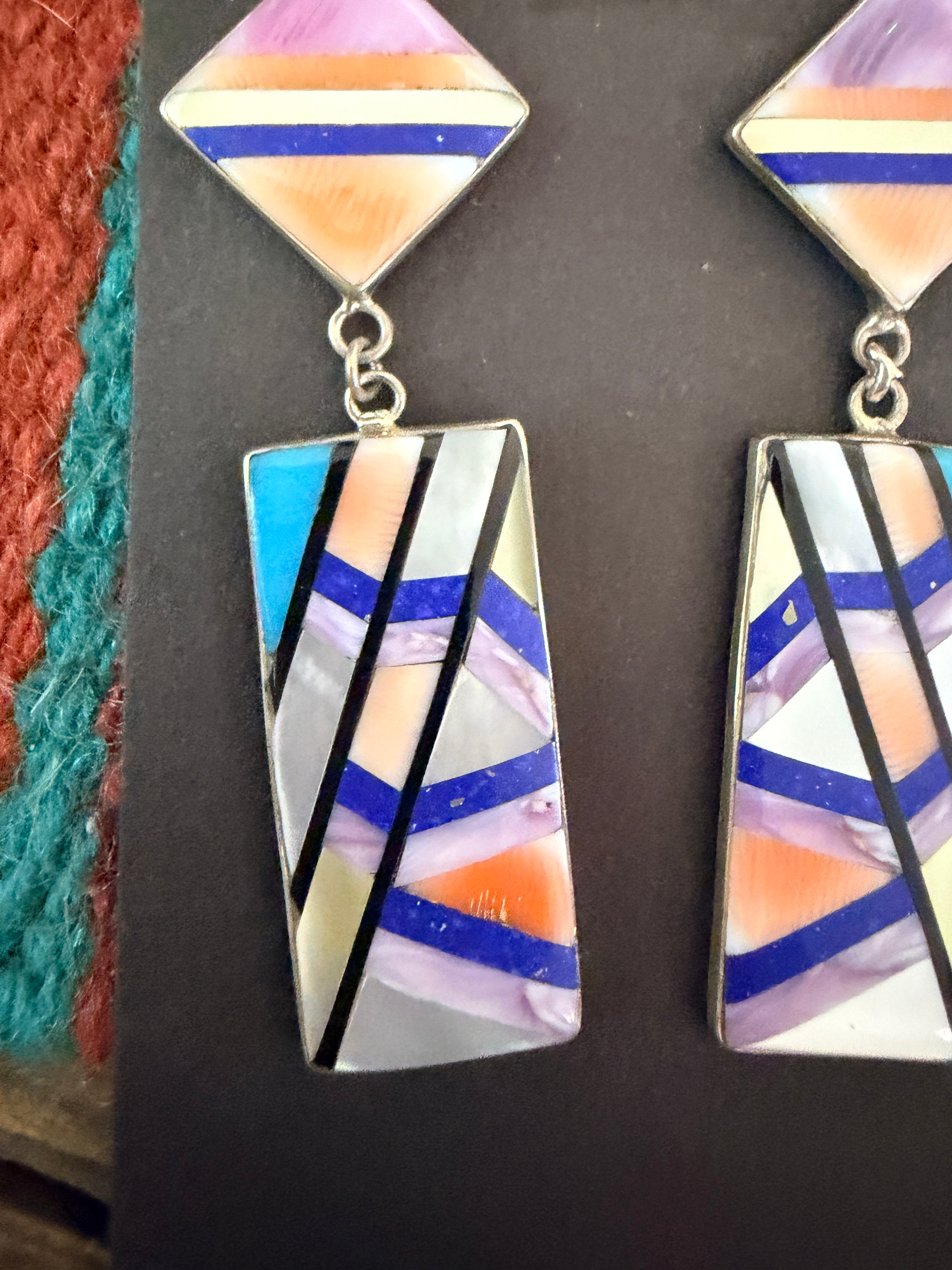 Old Pawn Handcrafted Sterling Silver & Multi Stone Inlay Dangle Earrings