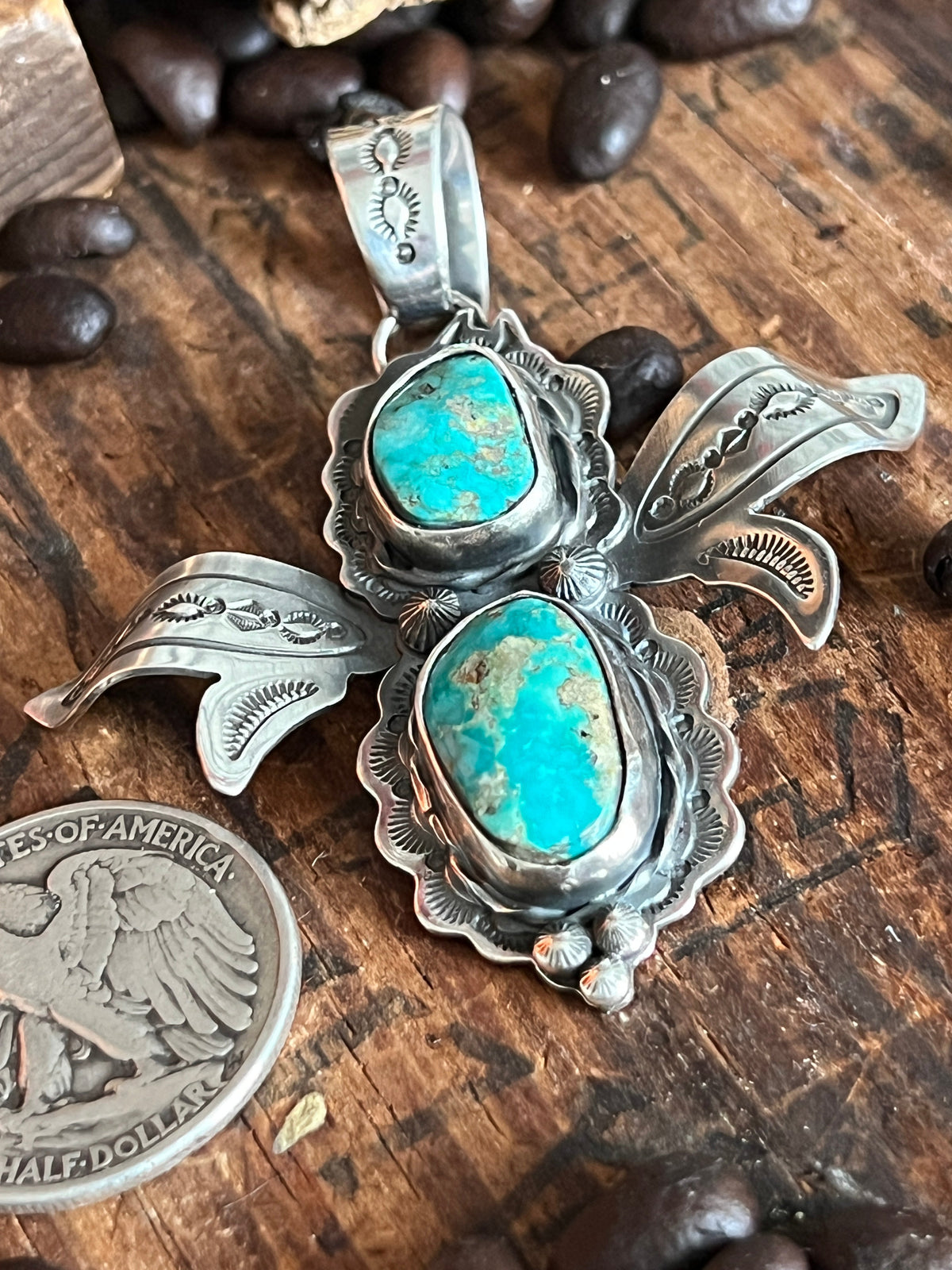 Sterling Silver and Turquoise Winged Bug Pendant by Kimari Somers