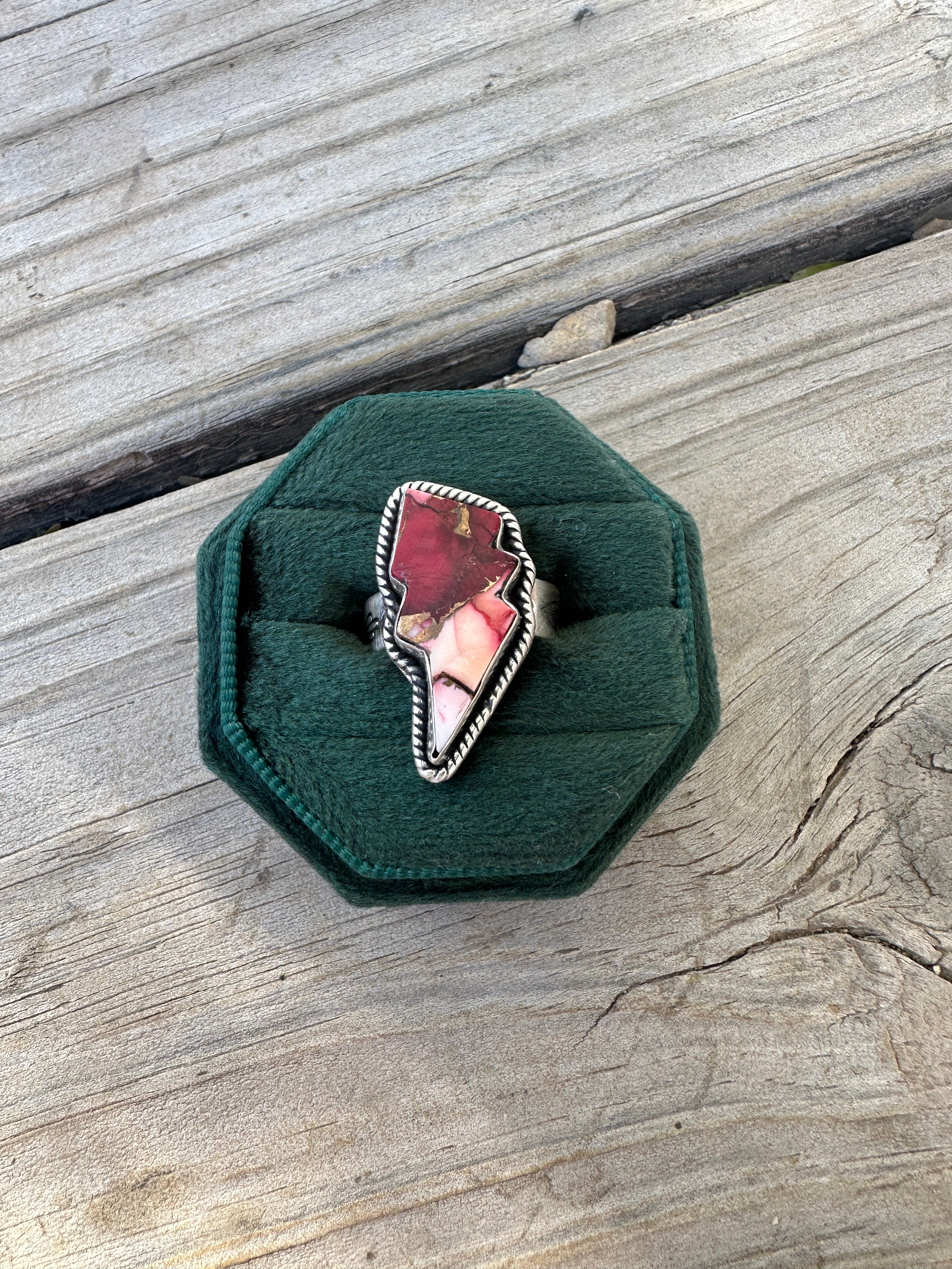 Beautiful Handmade Dahlia Rose And Sterling Silver Adjustable Lightening Bolt Ring