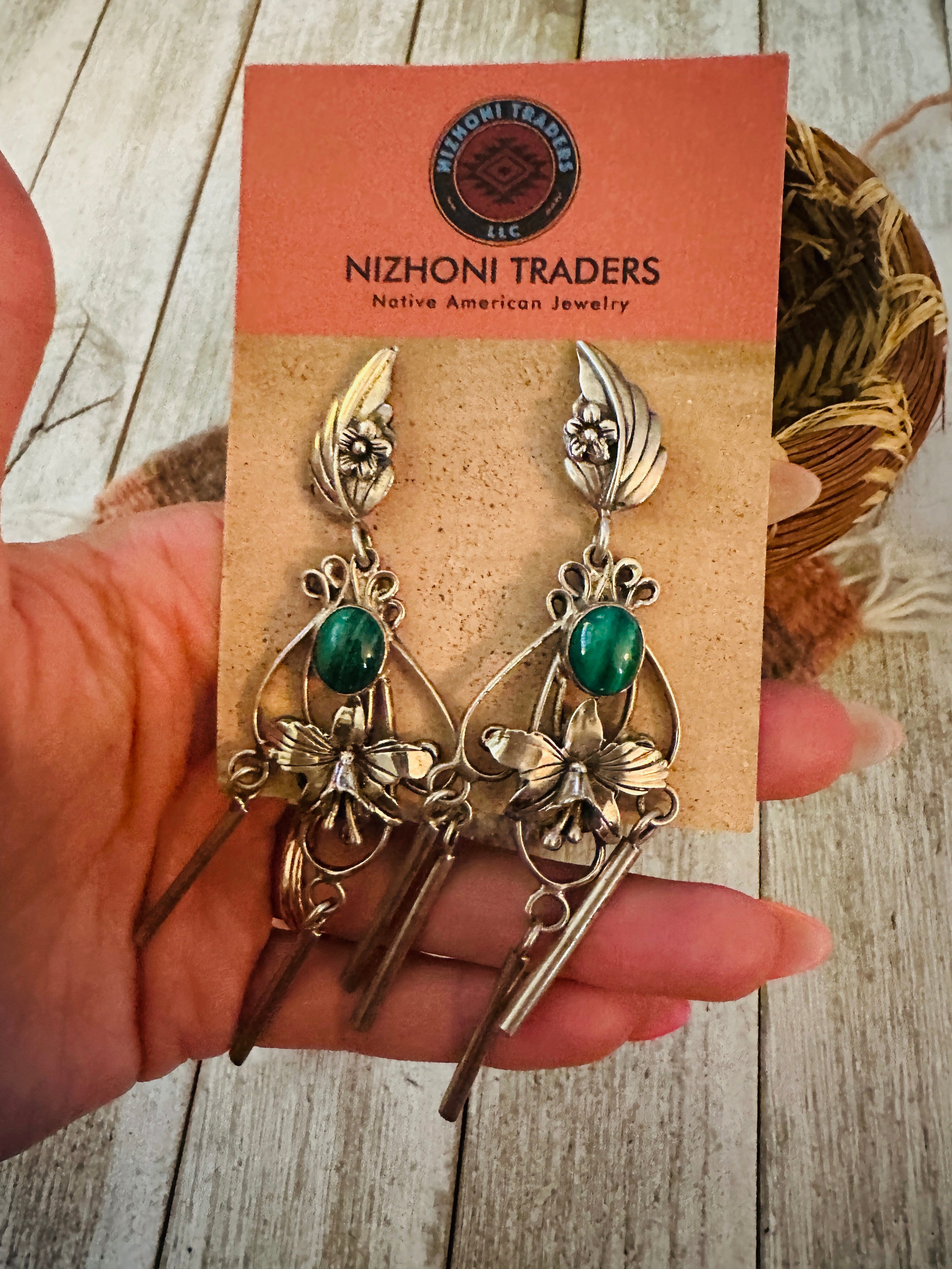 Handcrafted Malachite & Sterling Silver Flower Dangle Earrings