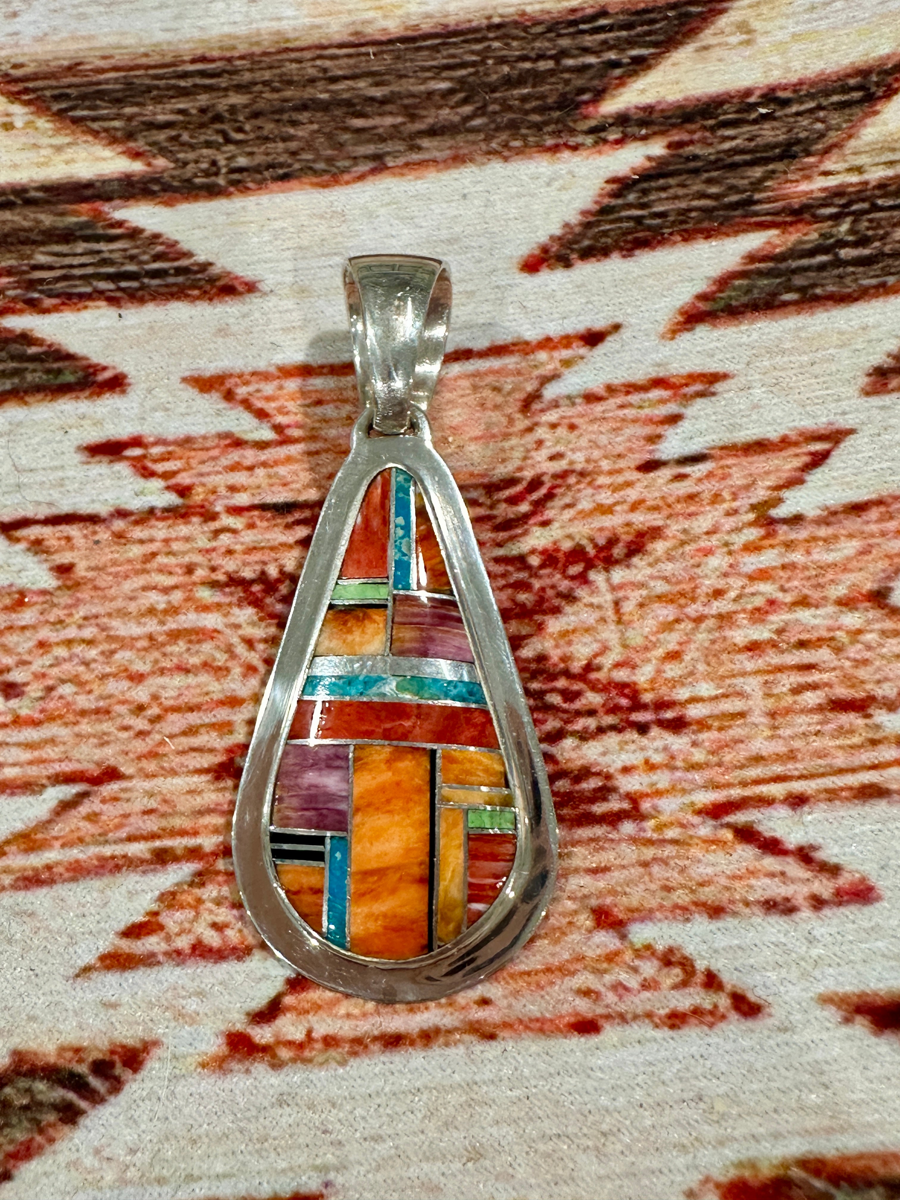 Handcrafted Multi Stone Inlay & Sterling Silver Pendant Signed