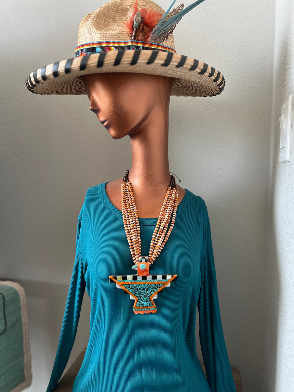 Warren Nieto Inlay Turquoise and Spiny Oyster Thunderbird Necklace & Earrings Set