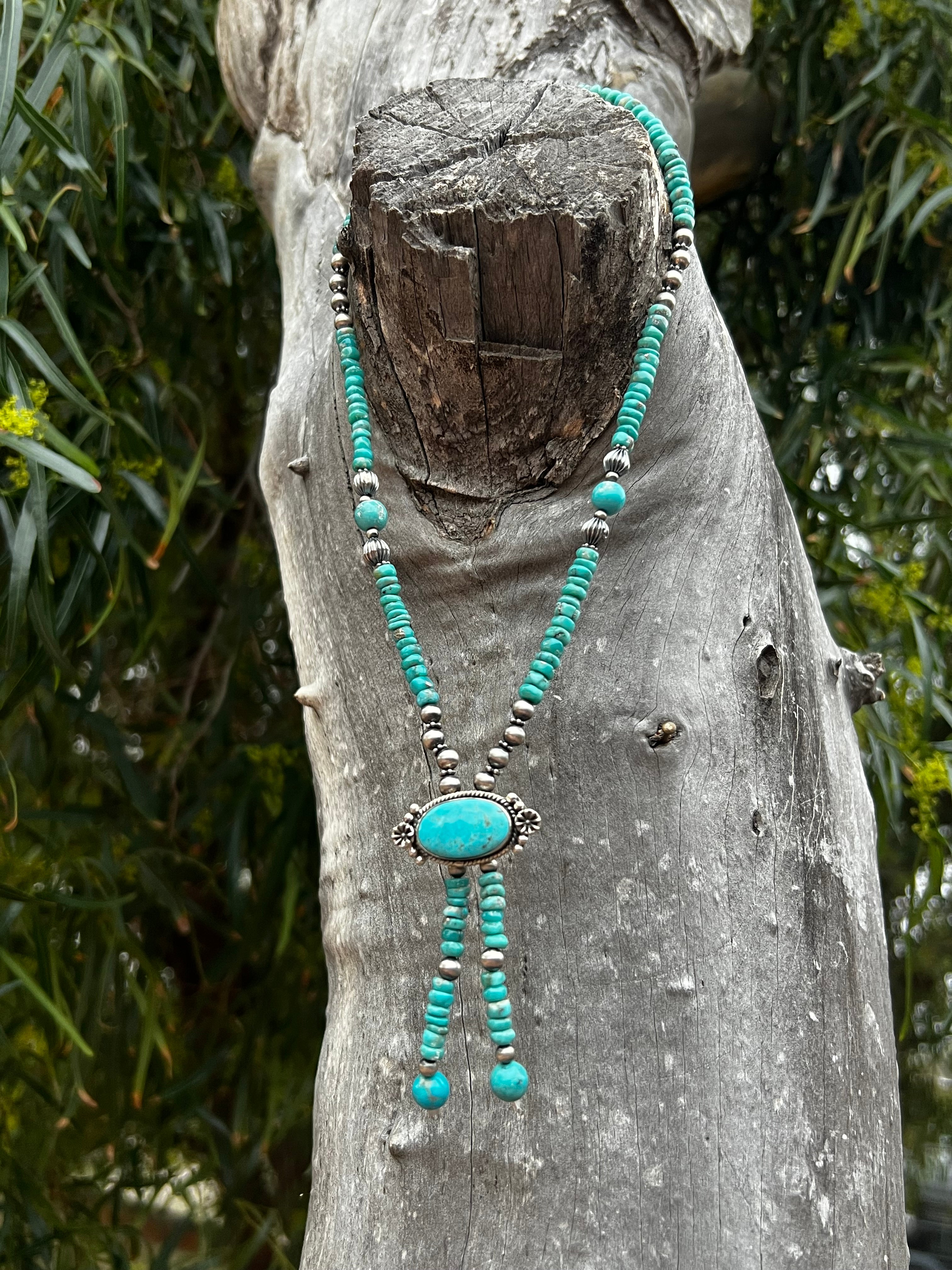 Handmade Sterling Silver Heishi Beaded Turquoise Tassel Bolo Necklace