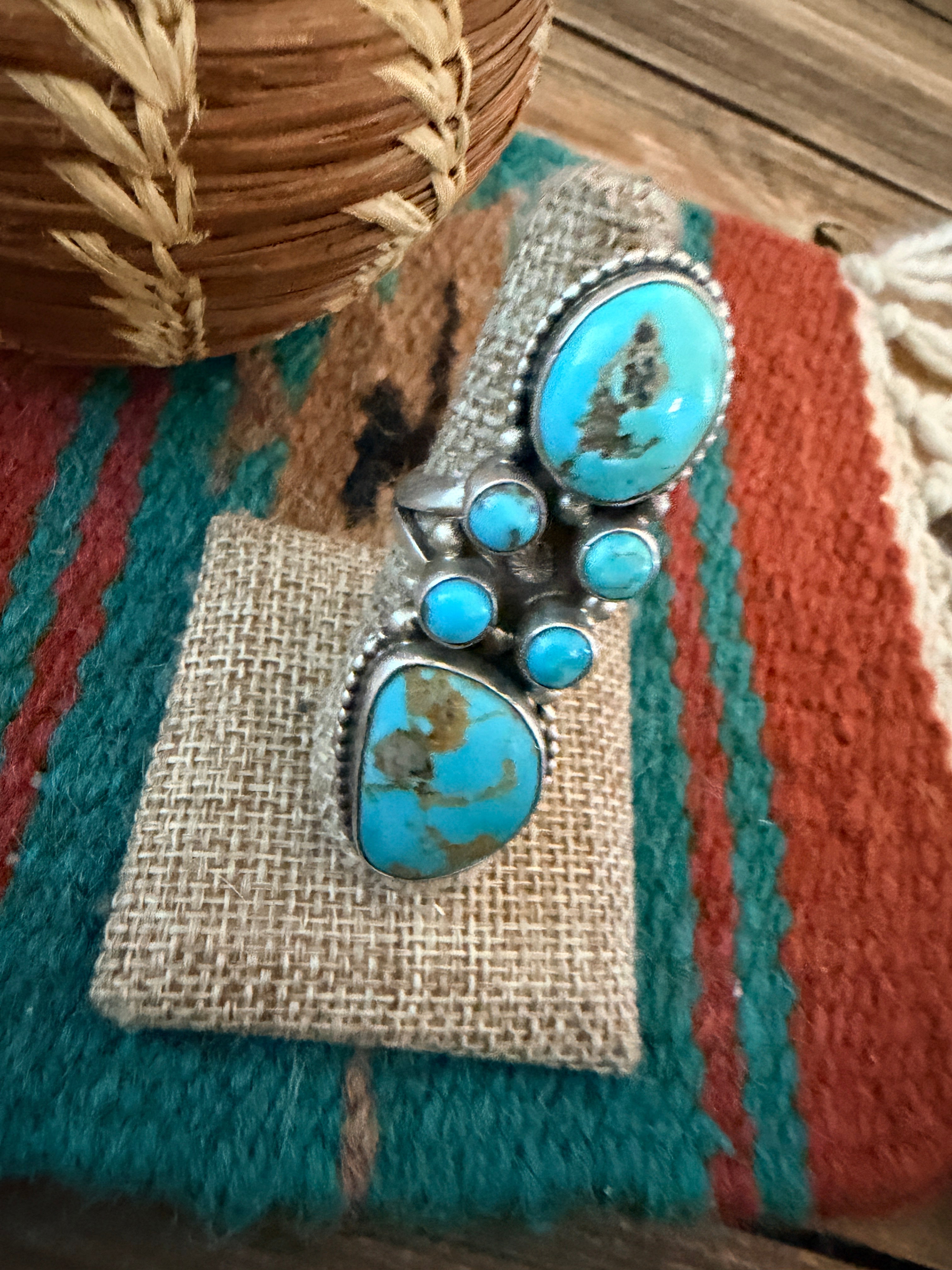 Handcrafted Kingman Turquoise & Sterling Silver Cluster Ring Size 8 by Sheila Becenti