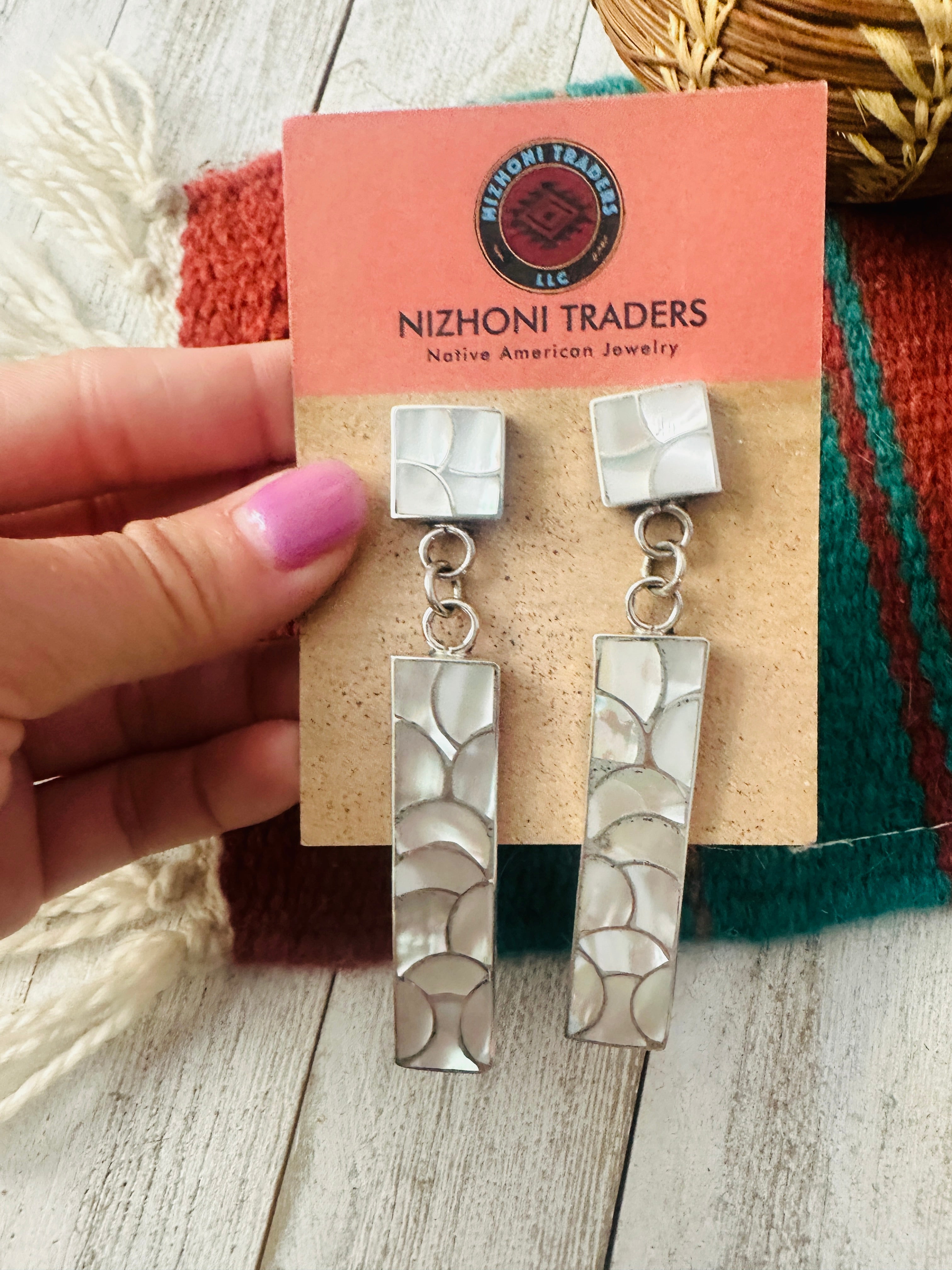 Handcrafted Sterling Silver & Mother of Pearl Inlay Dangle Earrings