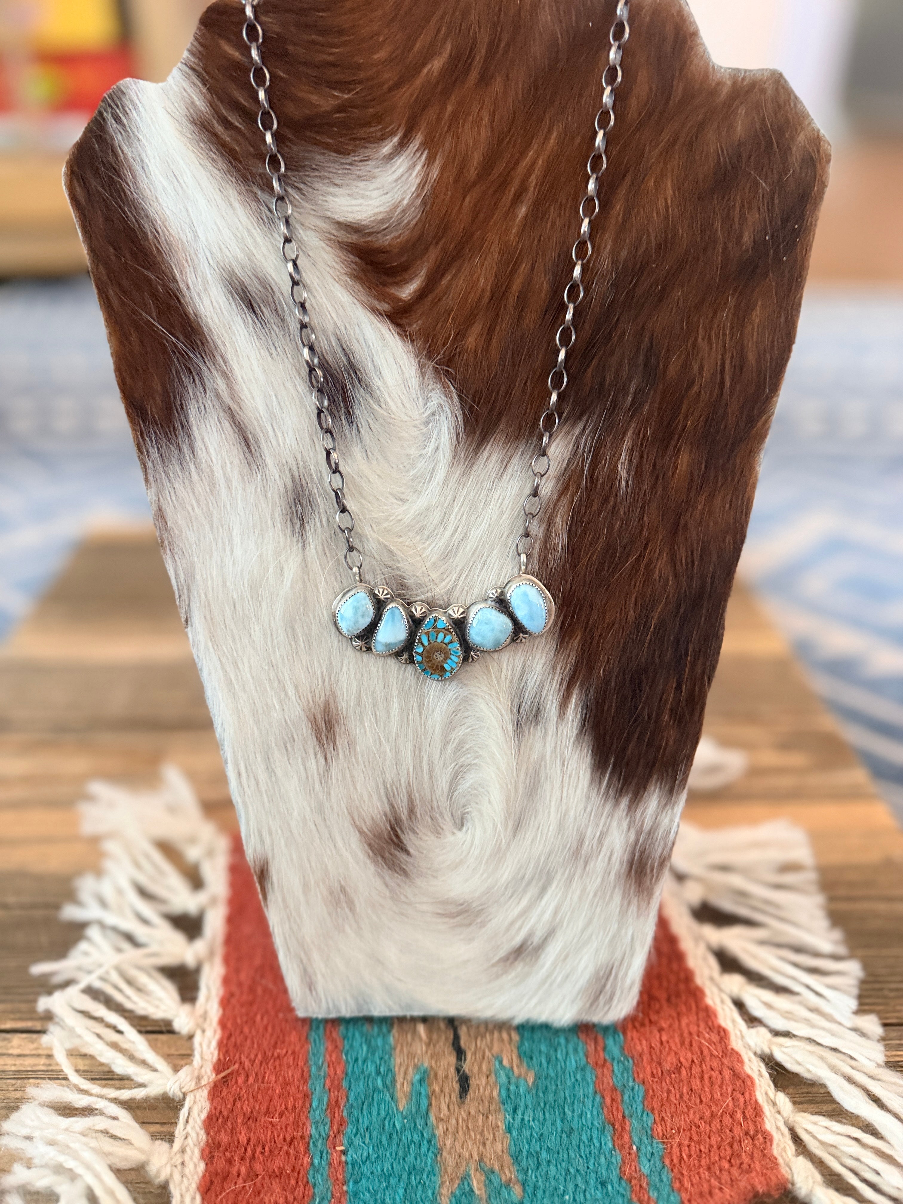 Handmade Sterling Silver, Larimar & Ammonite w/ Shattuckite Inlay Necklace Necklace