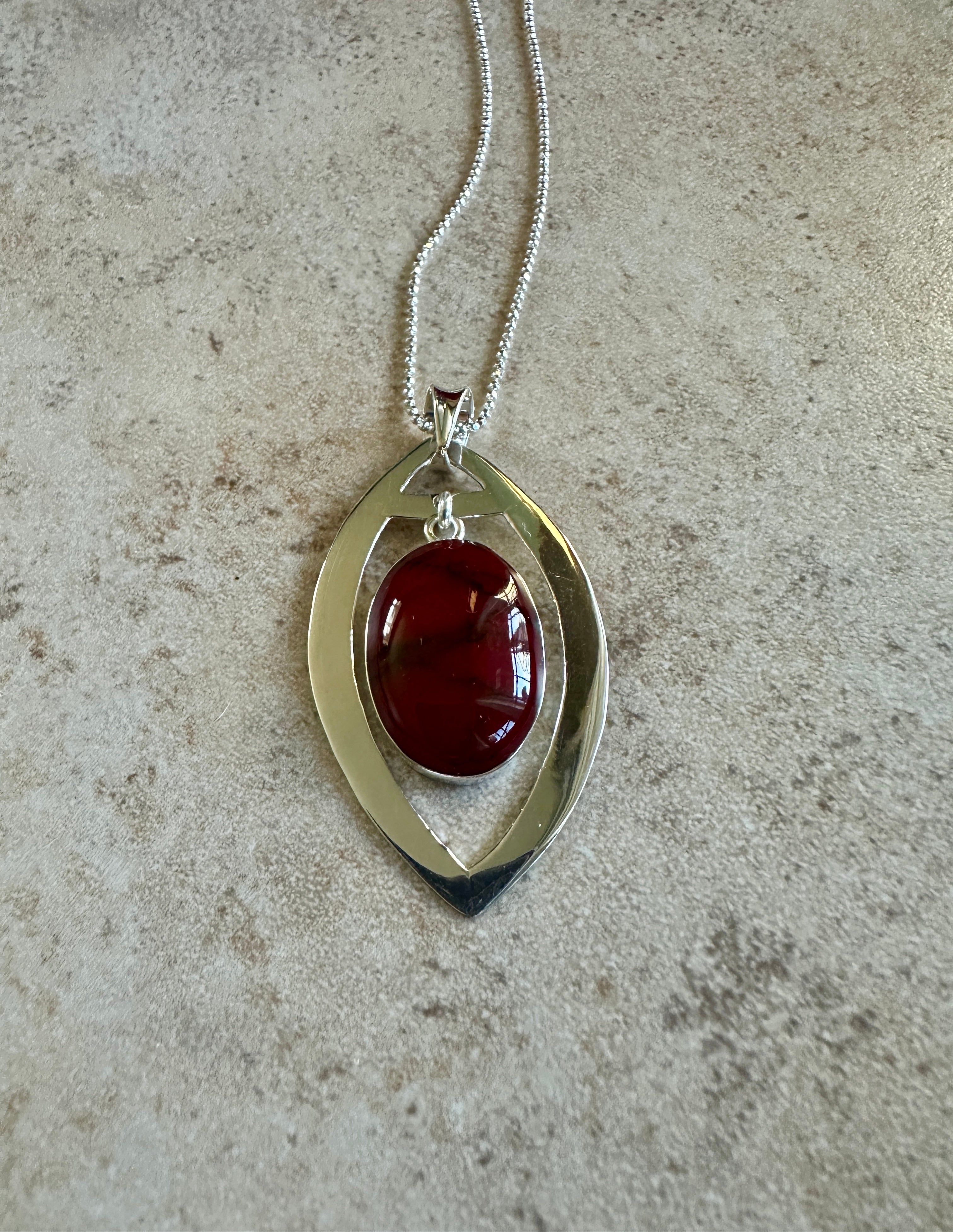 Red Jasper Oval in Elliptical Frame Sterling Silver Necklace