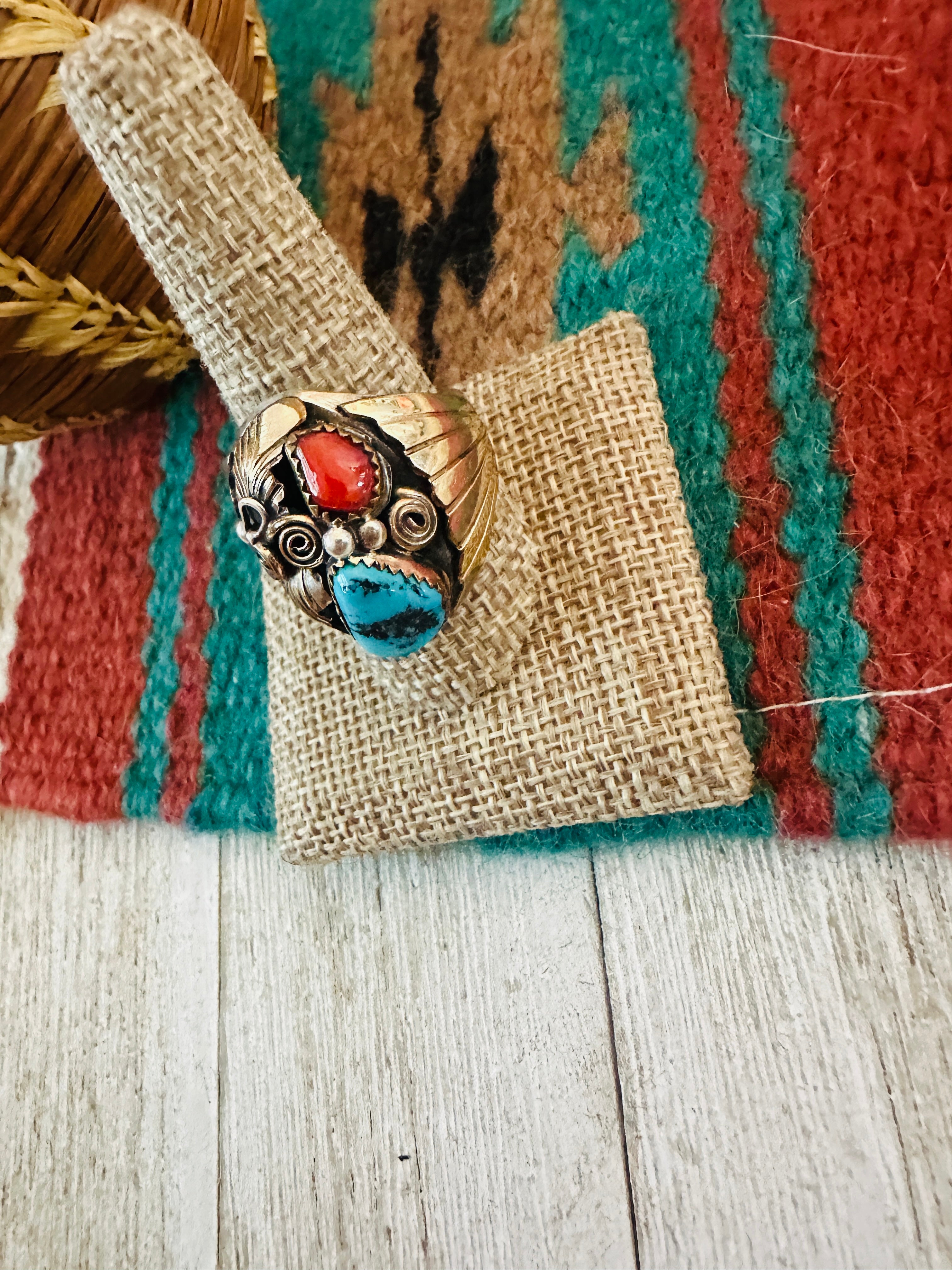 Handcrafted Old Pawn Sterling Silver with Gold Overlay, Turquoise & Coral Ring Size 10.75