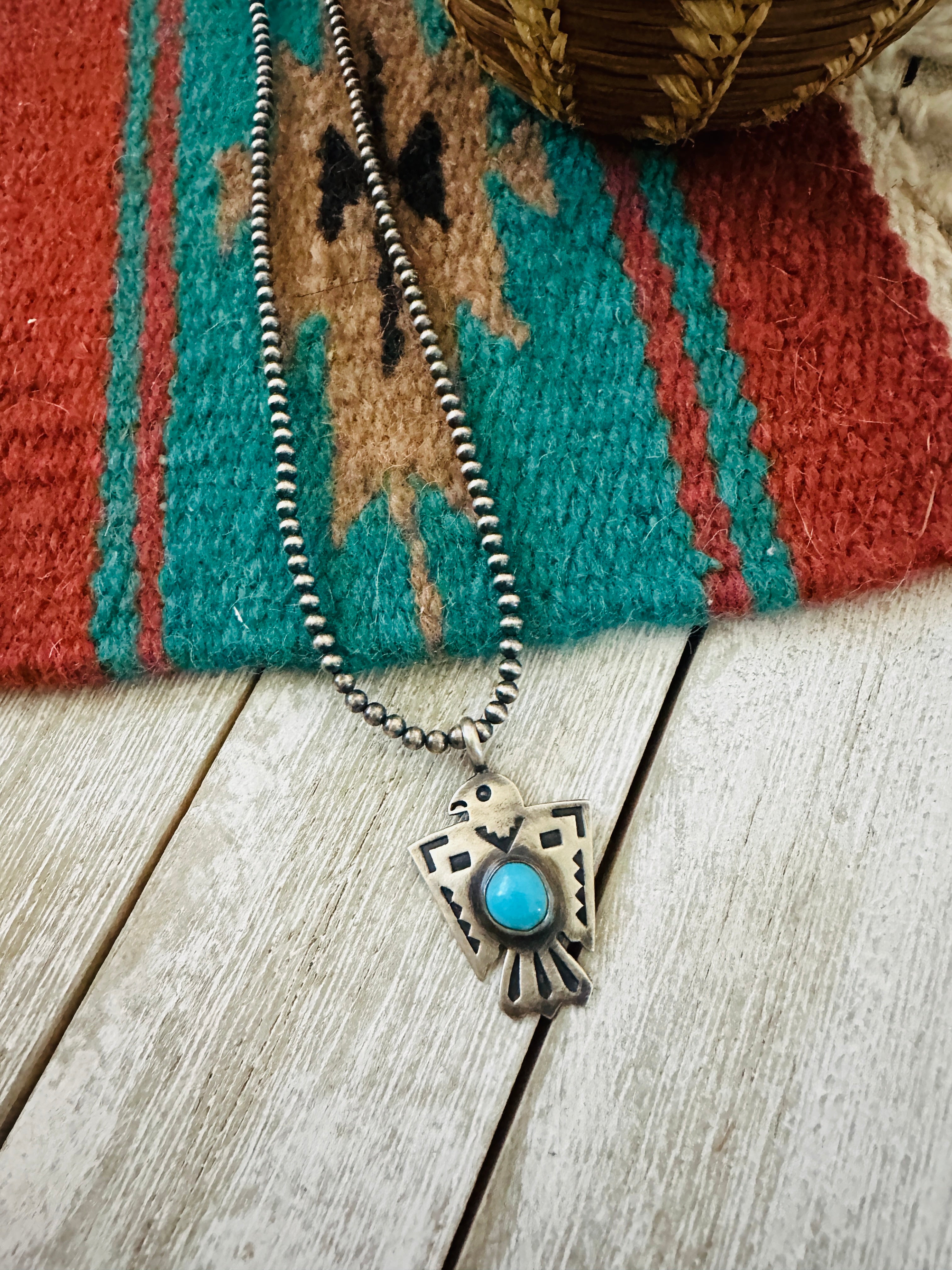 Handcrafted Turquoise & Sterling Silver Pearl Beaded Thunderbird Necklace
