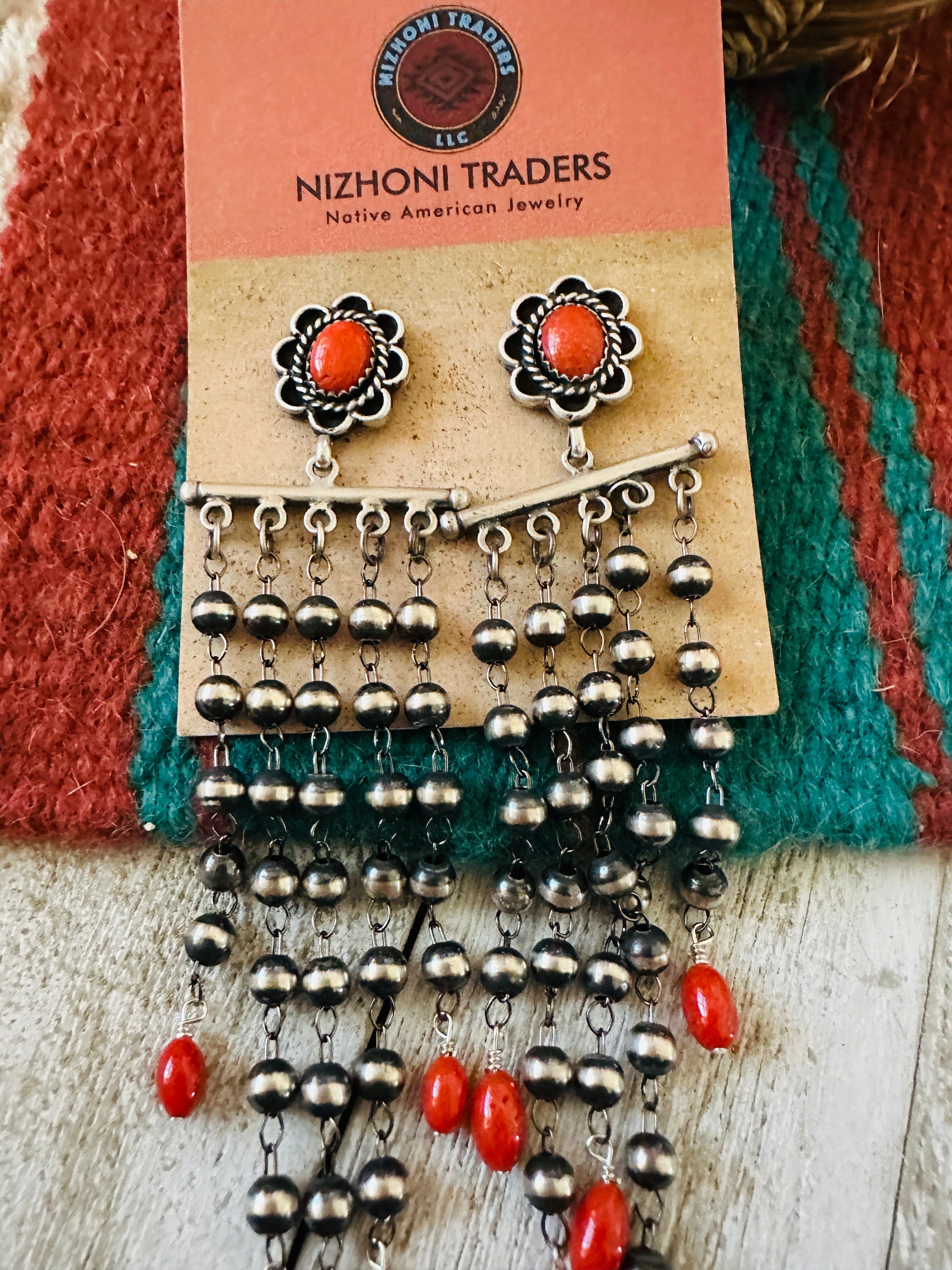 Handcrafted Coral & Sterling Silver Pearl Beaded Tassel Dangle Earrings