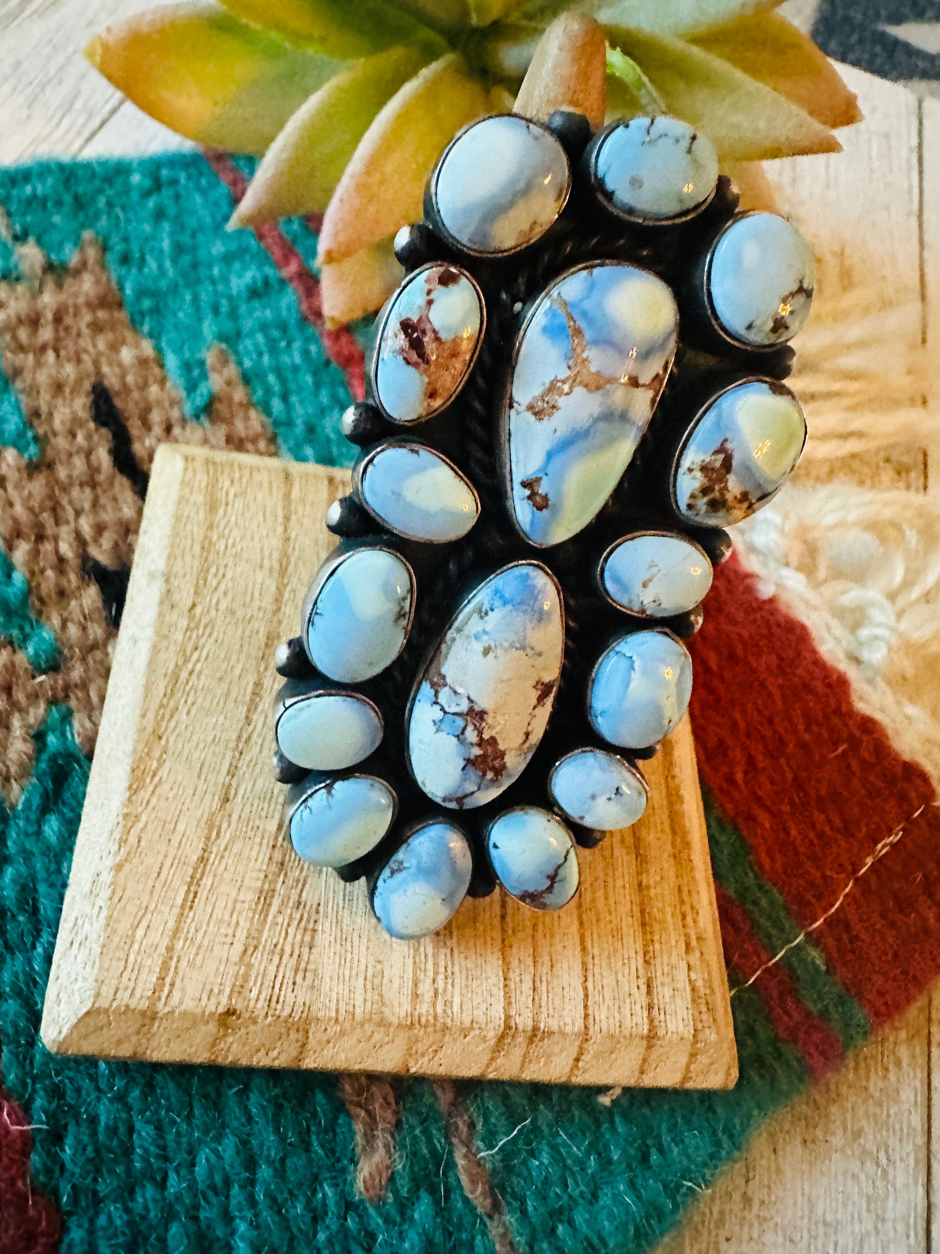 Navajo Golden Hills Turquoise & Sterling Silver Cluster Ring Size 9.25