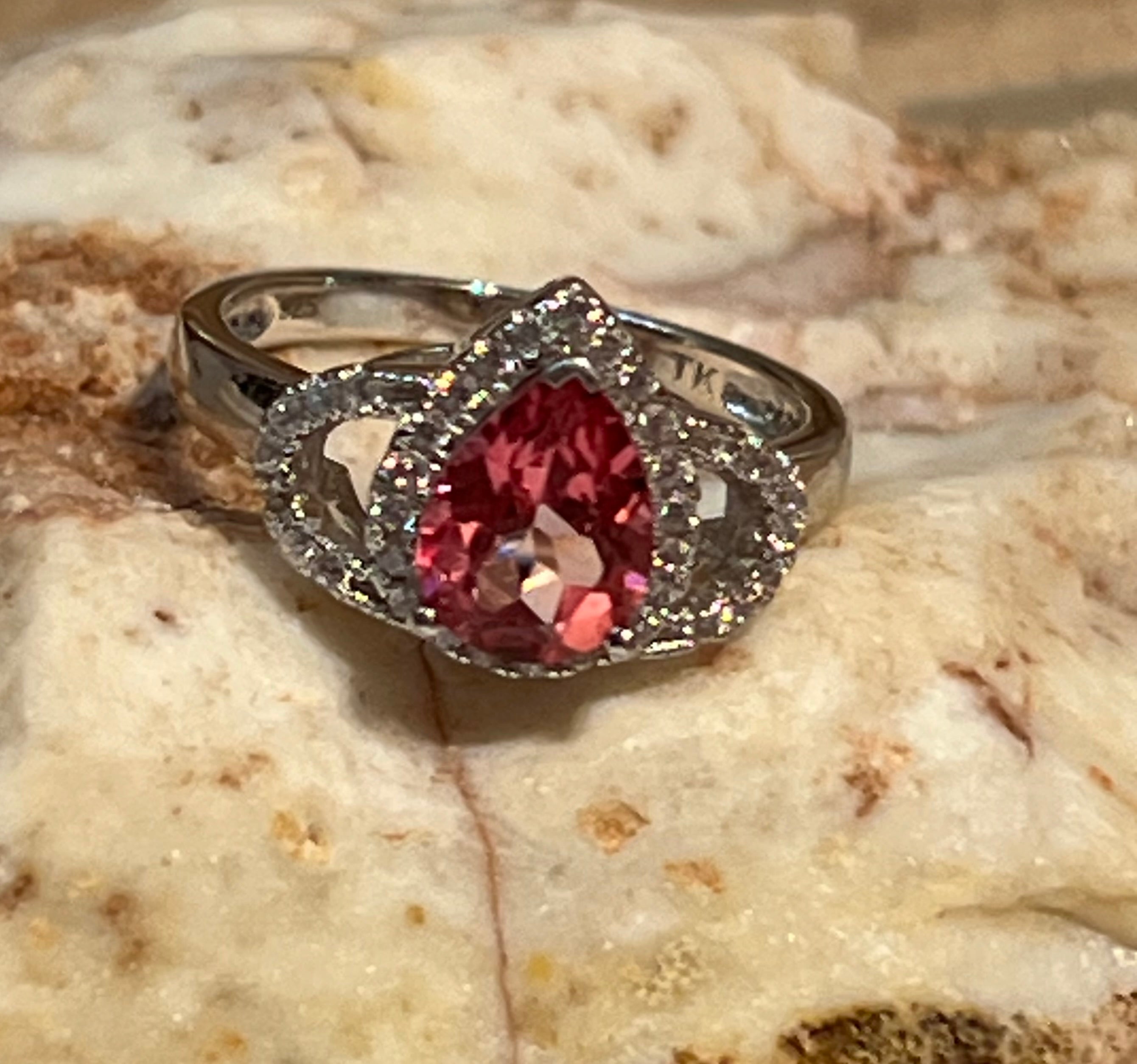 Pink Topaz & CZ Tear Drop Shape Sterling Silver Ring
