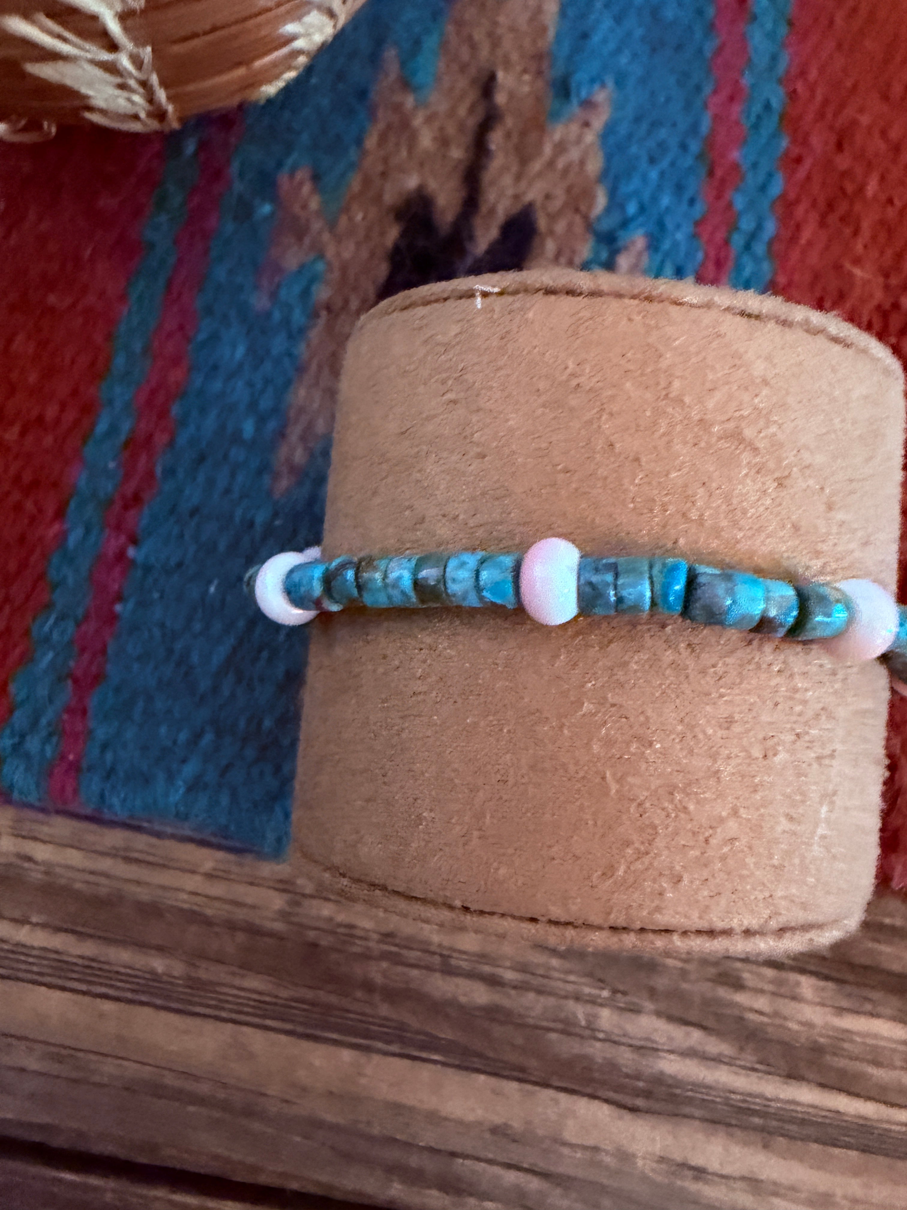 Handcrafted Turquoise & Queen Pink Conch Beaded Stretch Bracelet