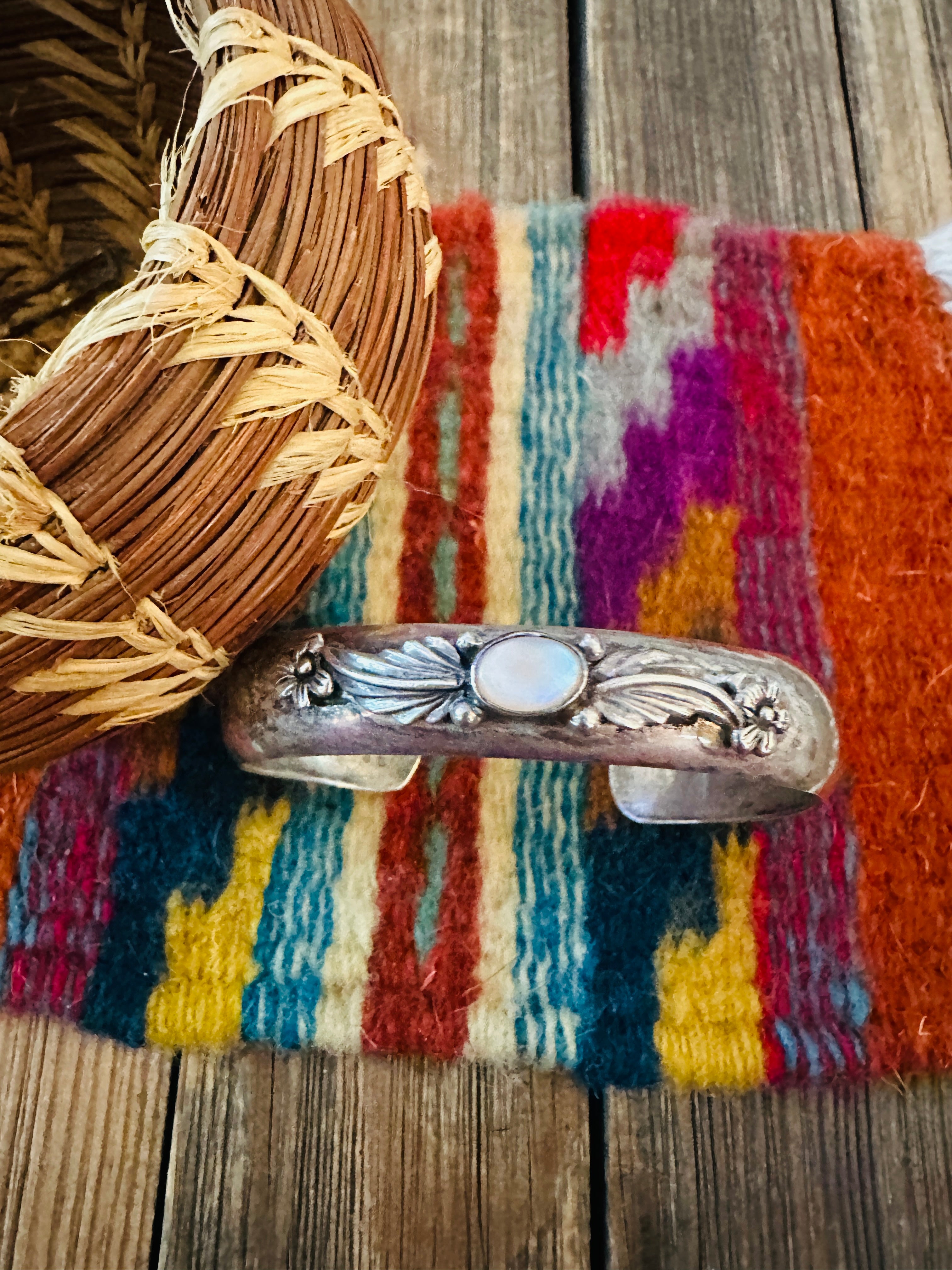 Handcrafted Old Pawn Sterling Silver & Mother of Pearl Cuff Bracelet