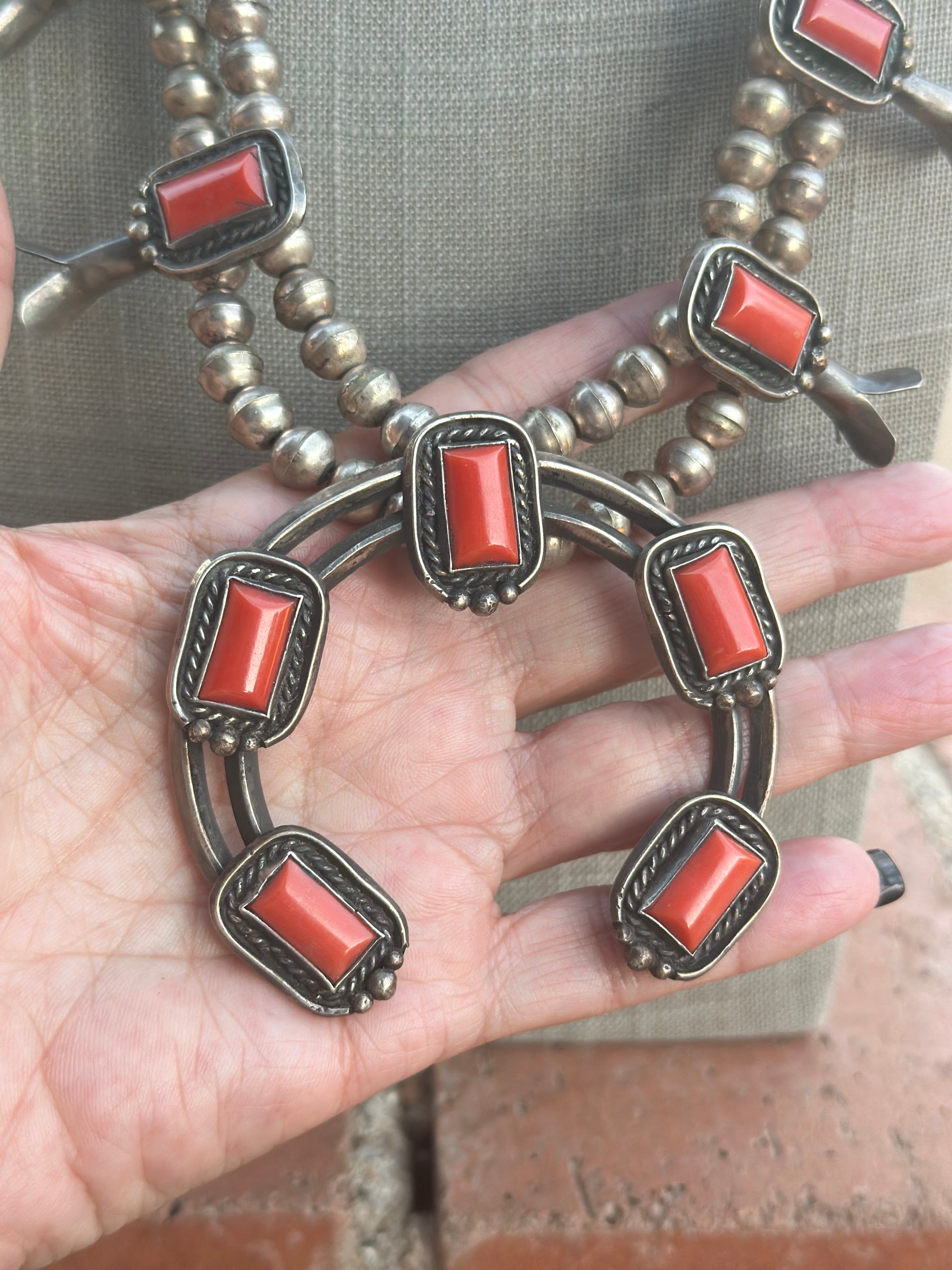 Vintage Navajo Coral & Sterling Silver Squash Blossom Necklace