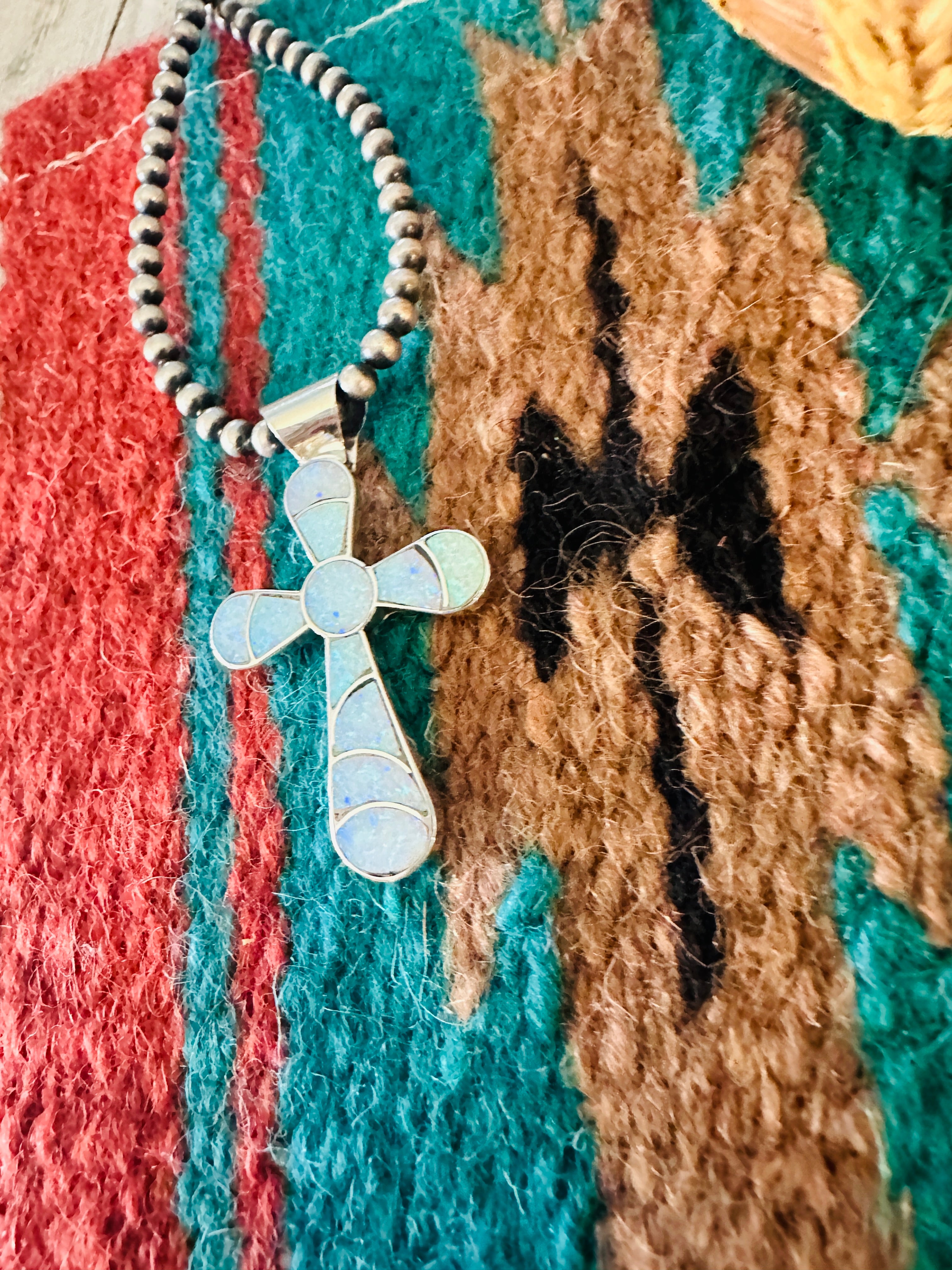 Handcrafted Sterling Silver & White Opal Inlay Cross Pendant Signed