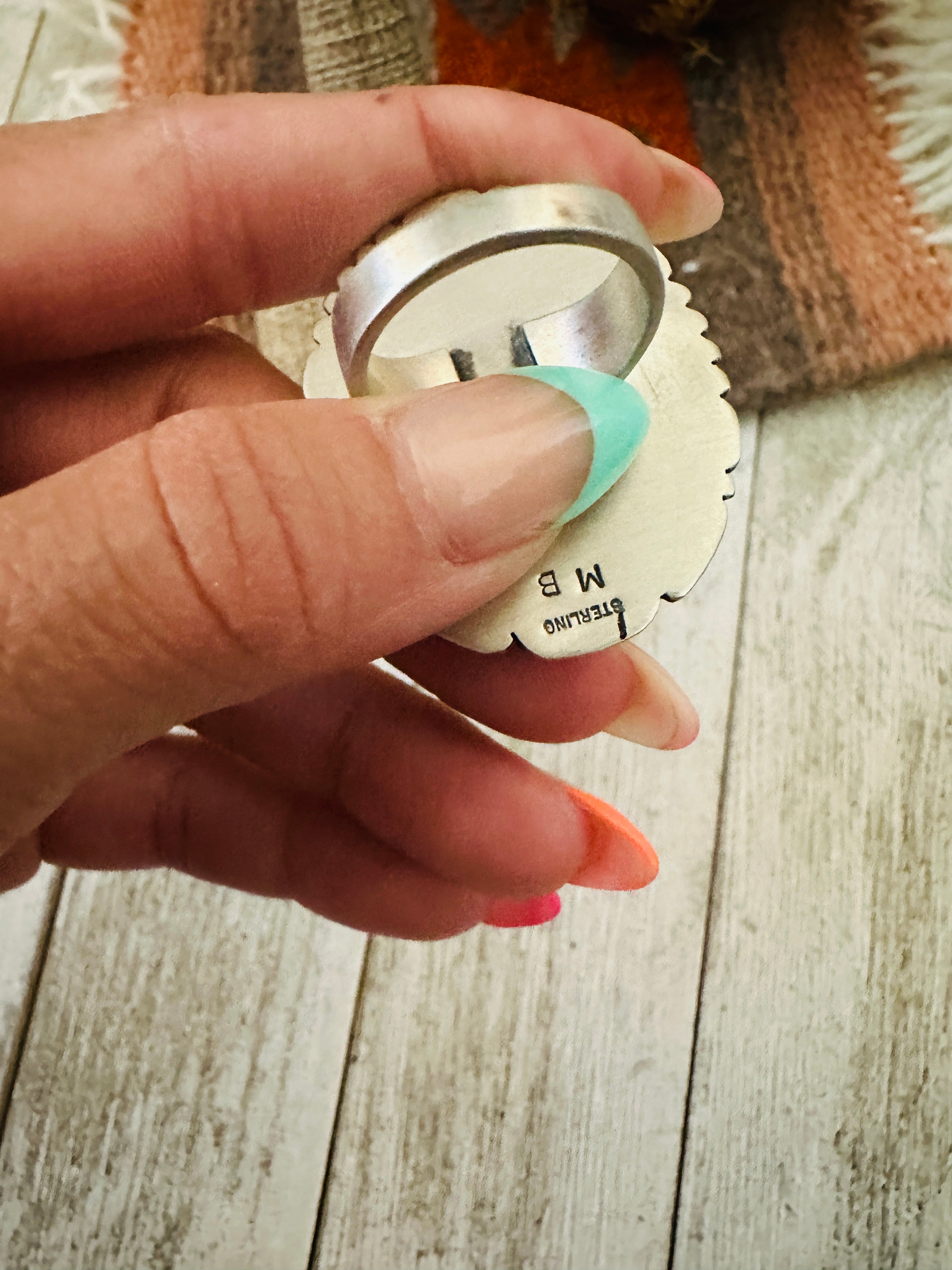 Handcrafted Hand Stamped Sterling Silver & Sonoran Mountain Turquoise Ring Size 8