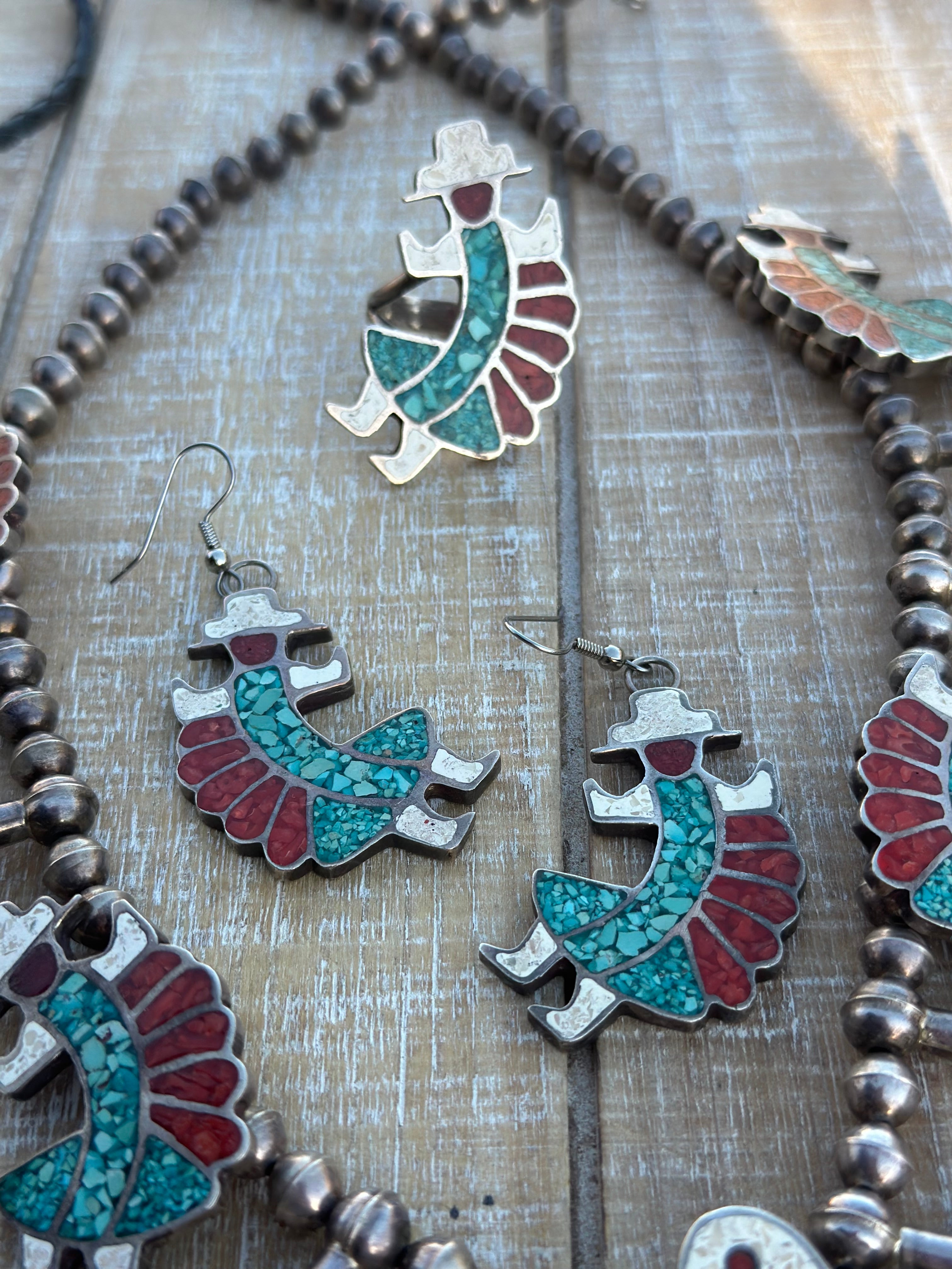 Handcrafted Old Pawn Vintage Chip Inlay Eagle Dancer Sterling Silver 5 Piece Jewelry Set