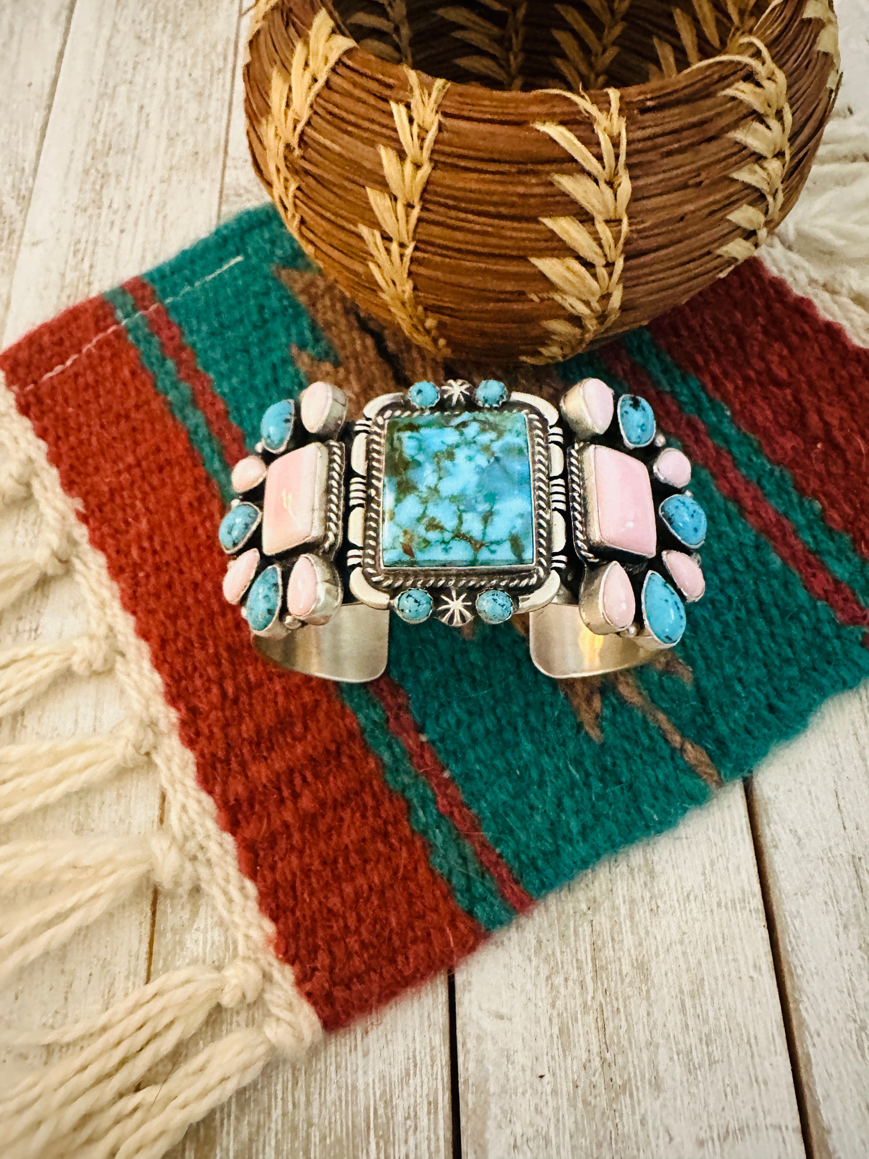 Handcrafted Sterling Silver, Turquoise & Queen Pink Conch Cuff Bracelet