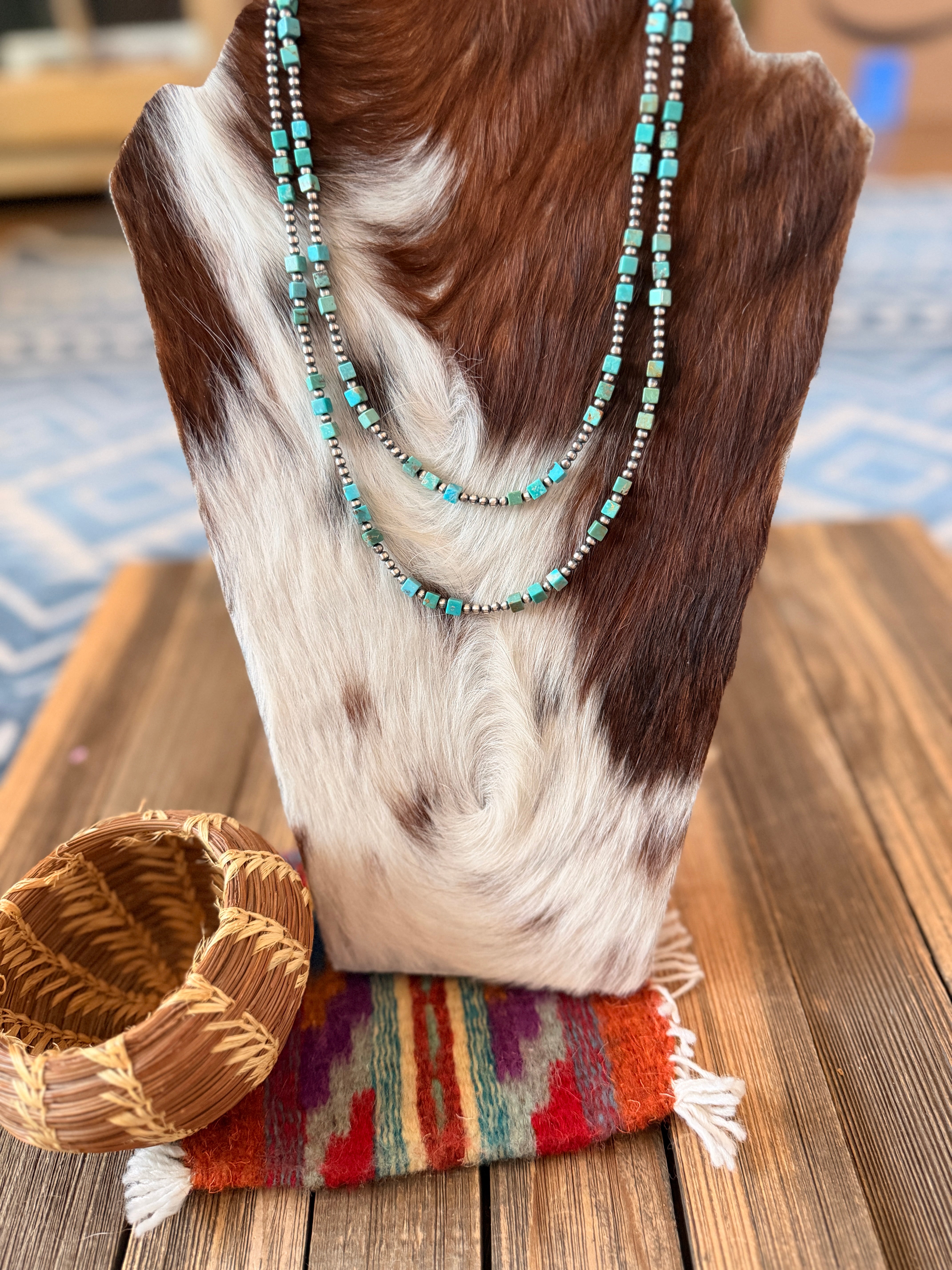 Handcrafted Turquoise & 3mm Sterling Silver Pearl Beaded Necklace