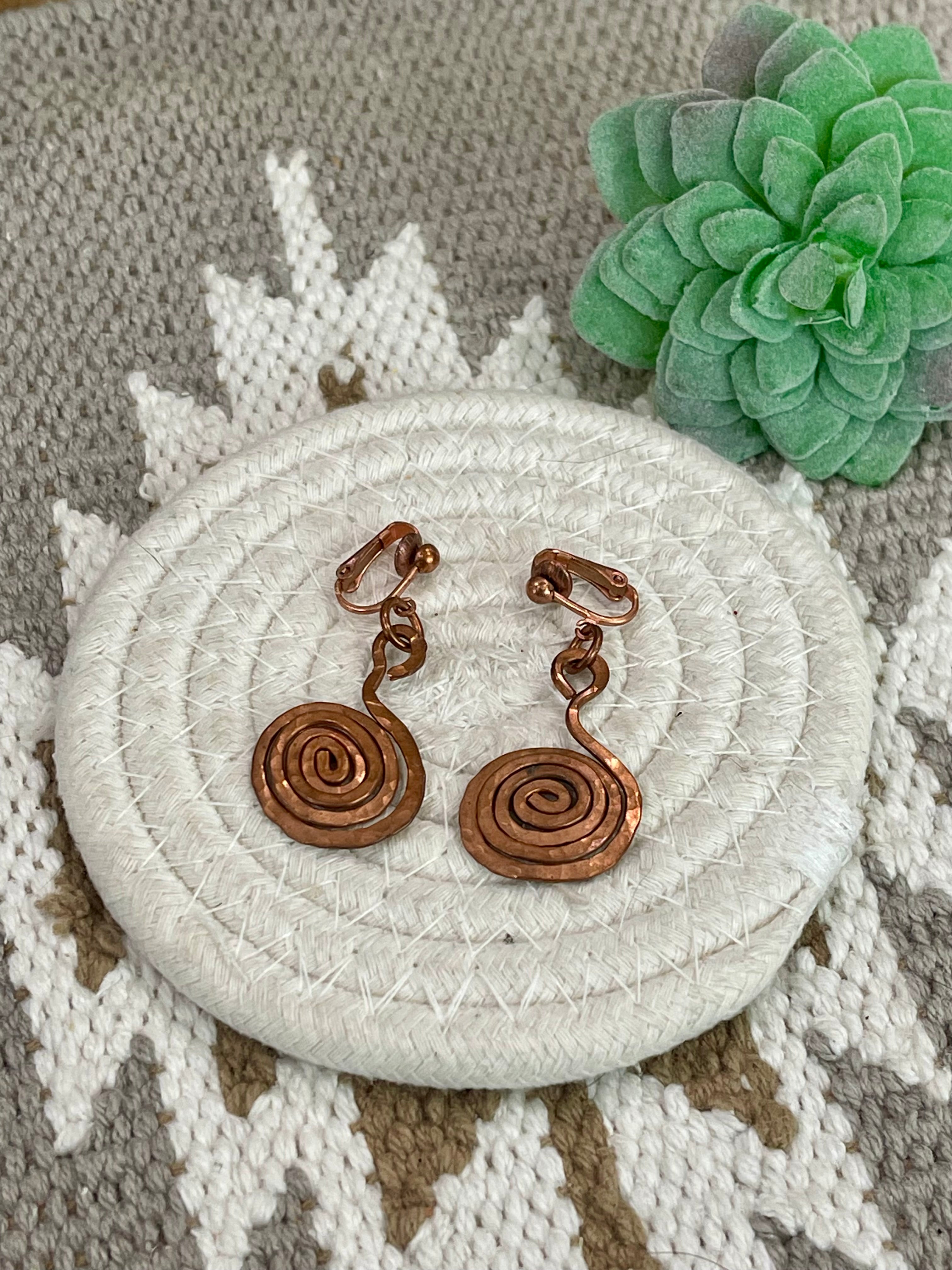 Vintage Handmade Copper Dangle Swirl Clip On Earrings
