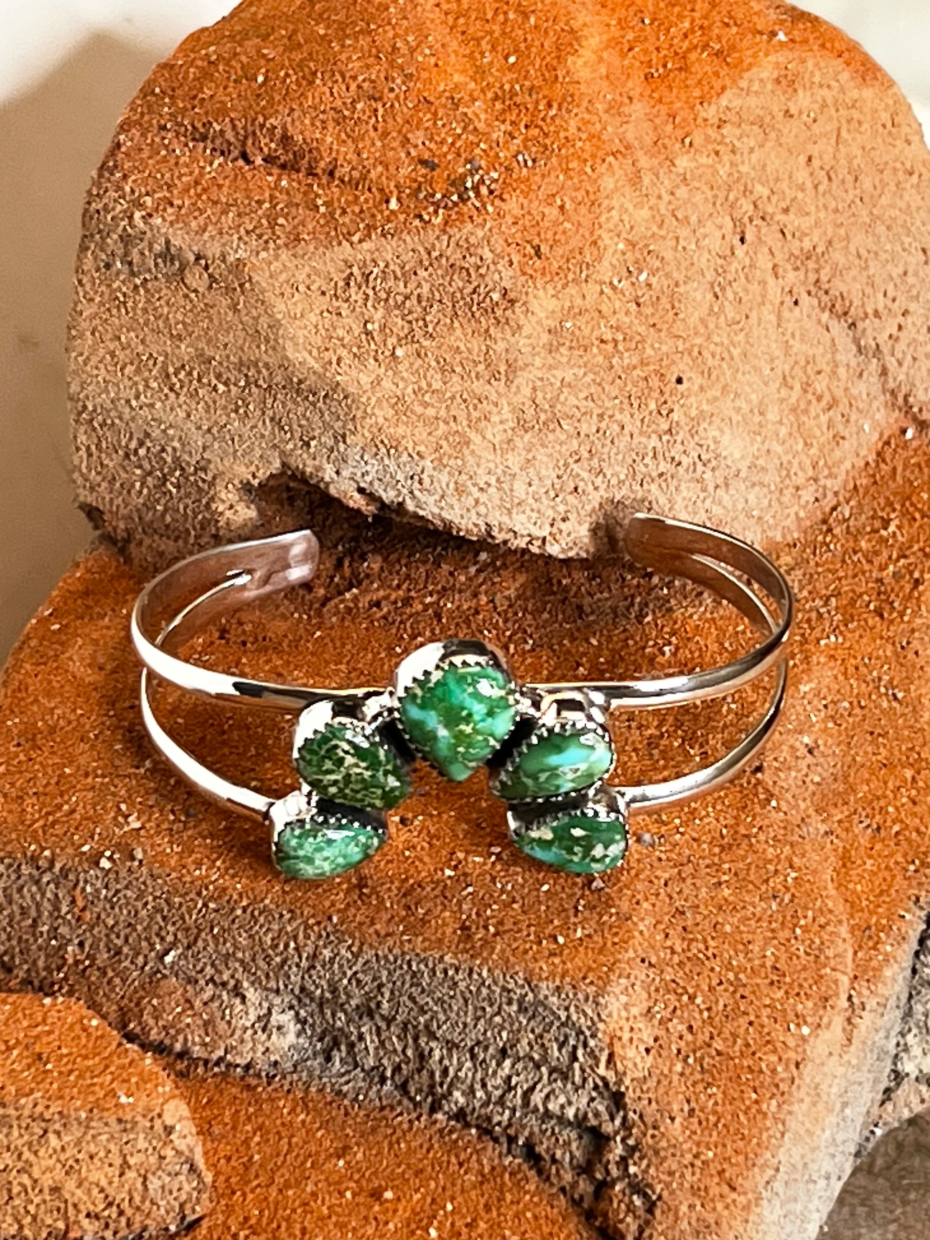 Handmade Sonoran Mountain Turquoise Cluster Sterling Silver Cuff Bracelet