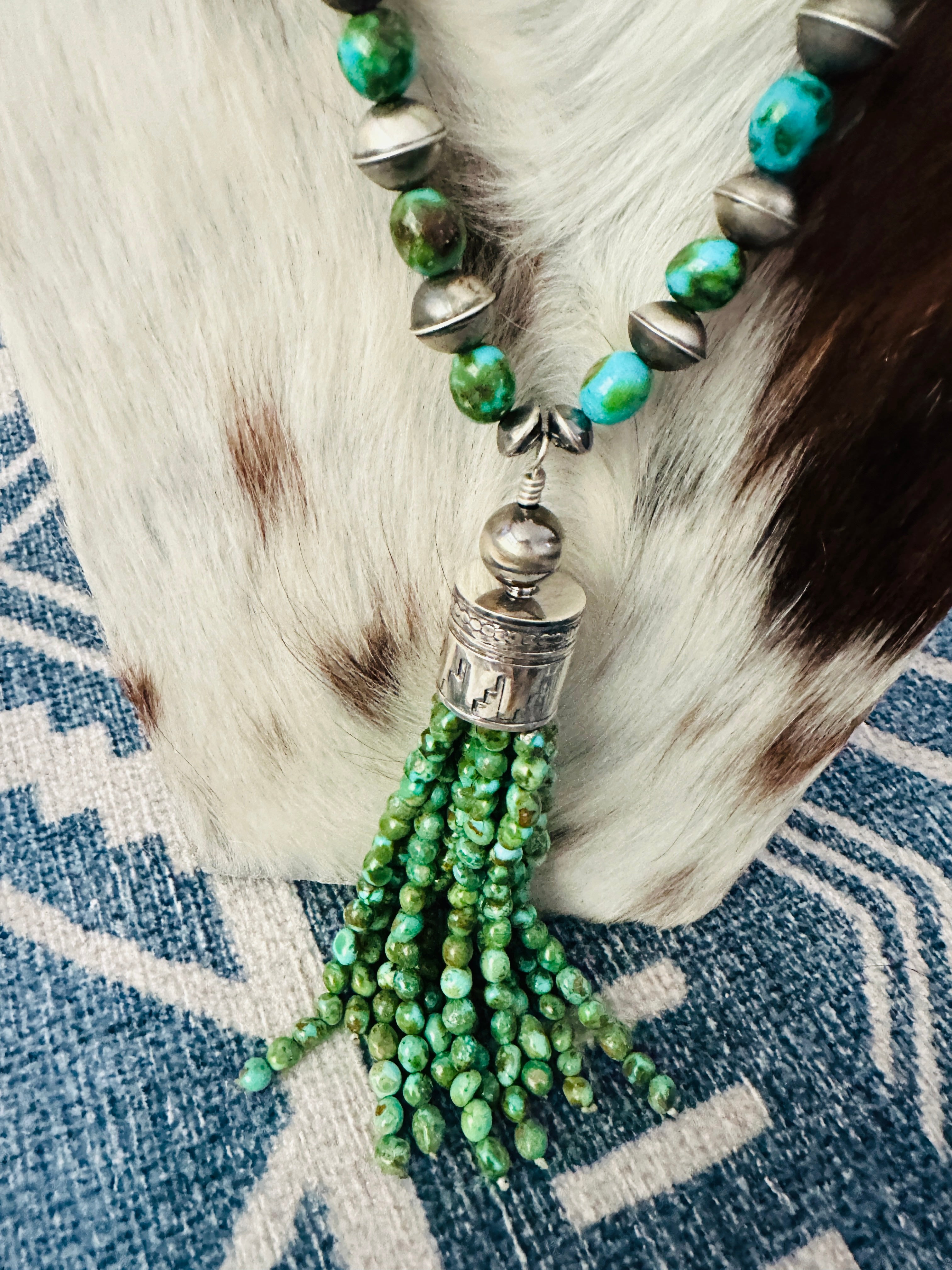 Handcrafted Sonoran Mountain Turquoise & Sterling Silver Beaded Tassel Necklace