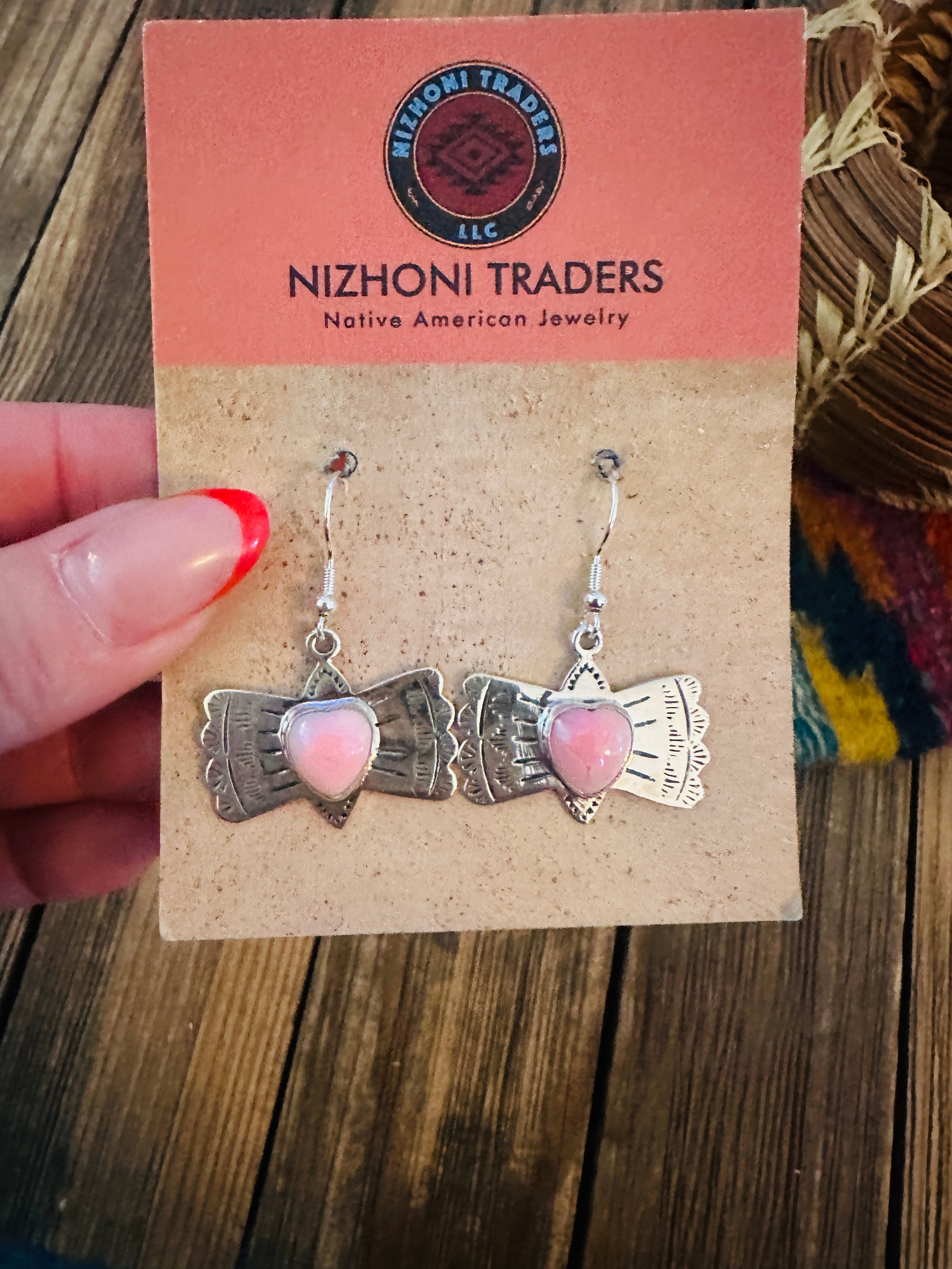 Handcrafted Queen Pink Conch & Sterling Silver Heart Dangle Earrings
