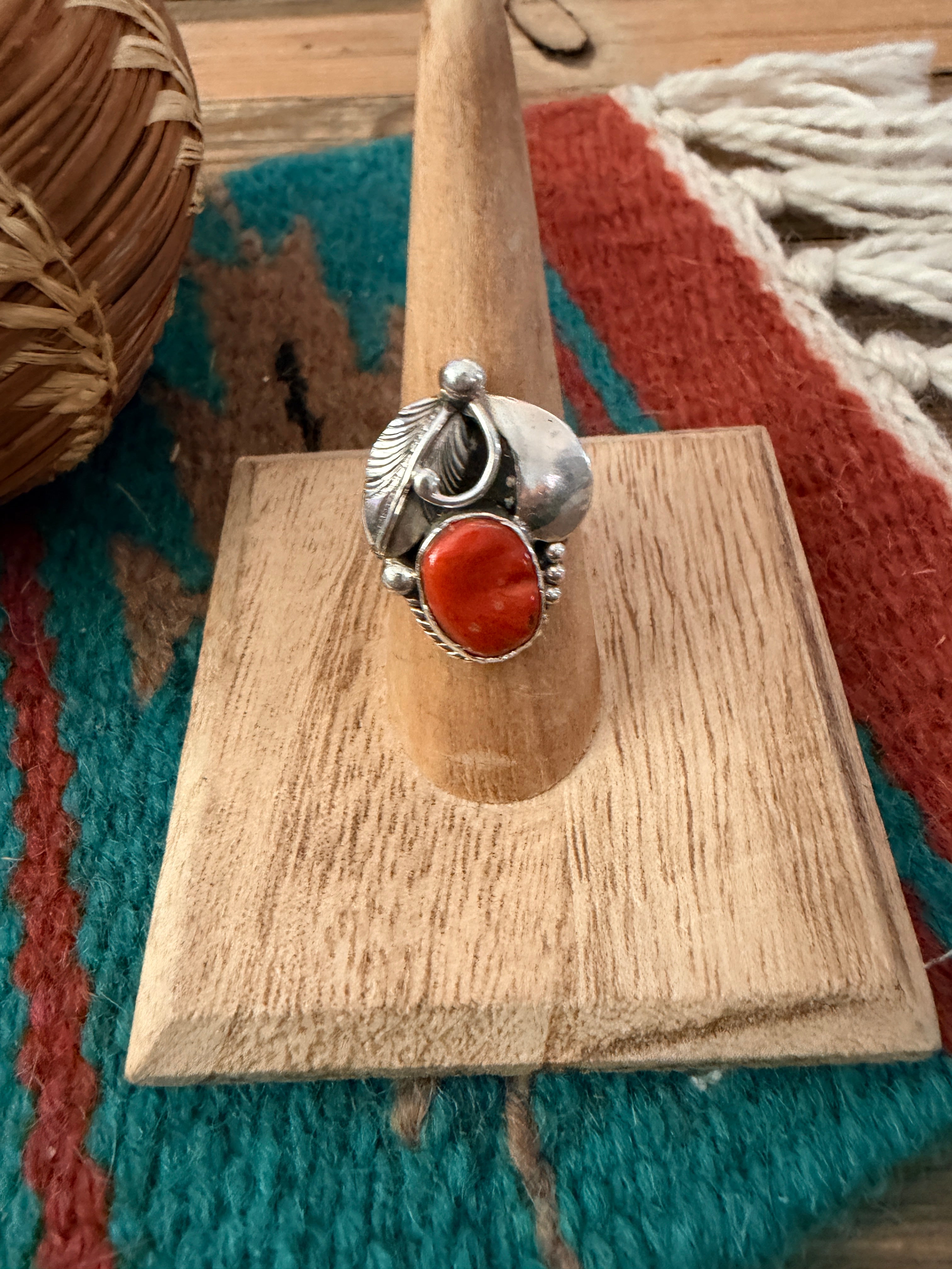 Old Pawn Handcrafted Coral & Sterling Silver Ring Size 7